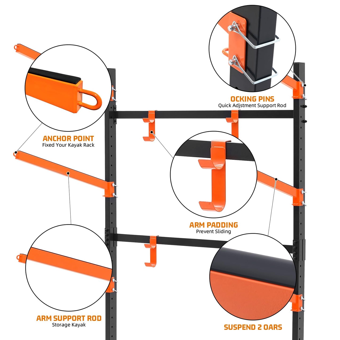 UOKRR 4 Kayak Storage Rack, Freestanding Kayak Racks for Garage, Heavy Duty Adjustable Kayak Stand Indoor Outdoor Storage Rack for Kayaks, Canoes, Surfboard & Paddleboard (4 Levels with paddle hook)