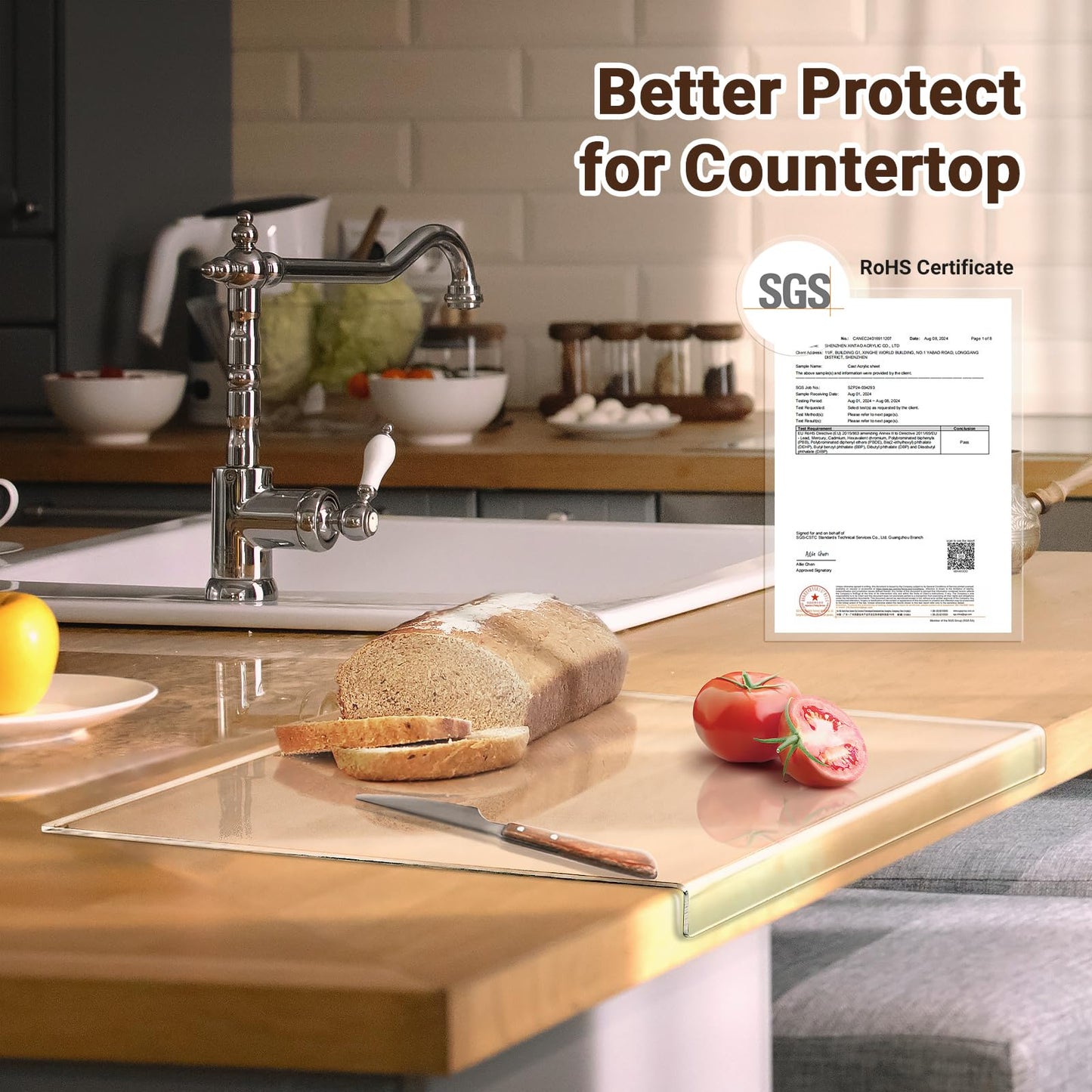 Acrylic Cutting Board with Counter Lip, 24x18 Inch Clear Cutting Boards for Kitchen Counter, Large Cutting Board Non Slip for Countertop Protector, Apartment Essentials Kitchen Decor Gifts