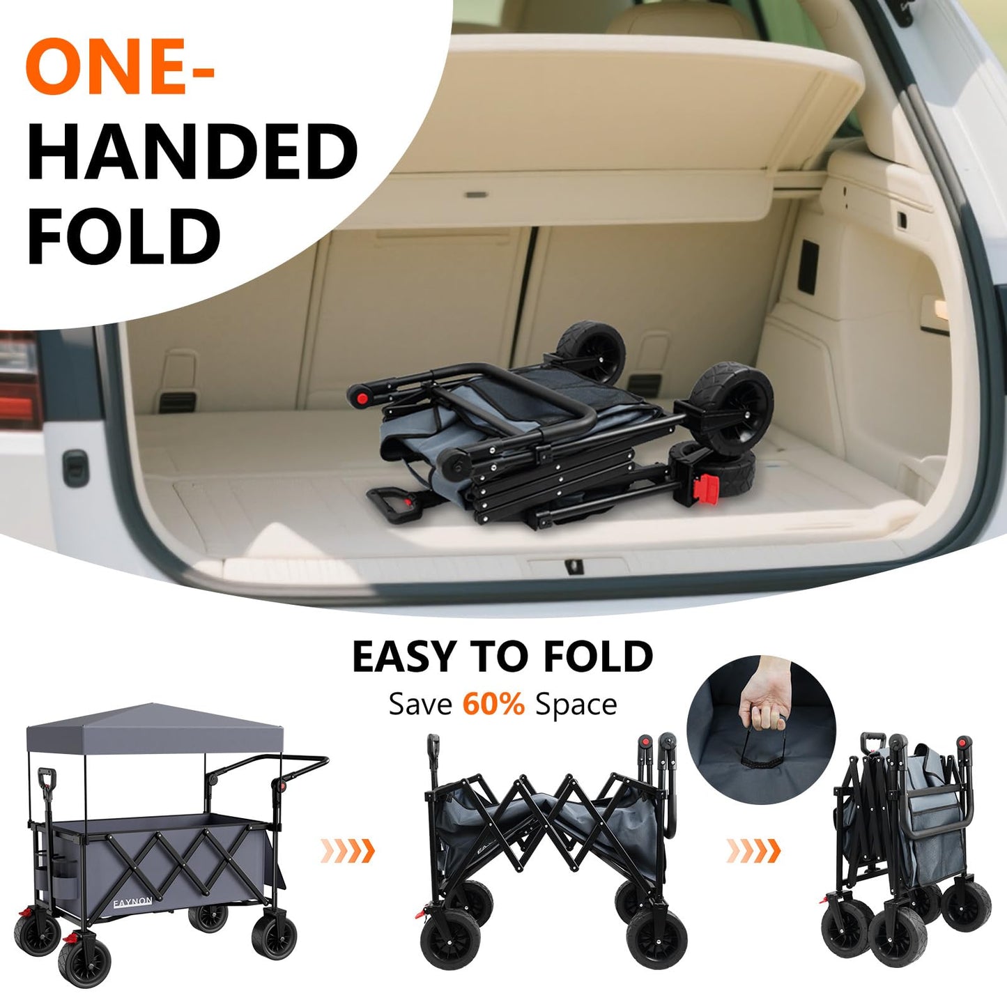 3 in 1 Collapsible Wagon with 300lbs Weight Capacity,150L Heavy Duty Utility Cart with Removable Canopy,with Big All-Terrain Beach Wheels & Drink Holders,Gray