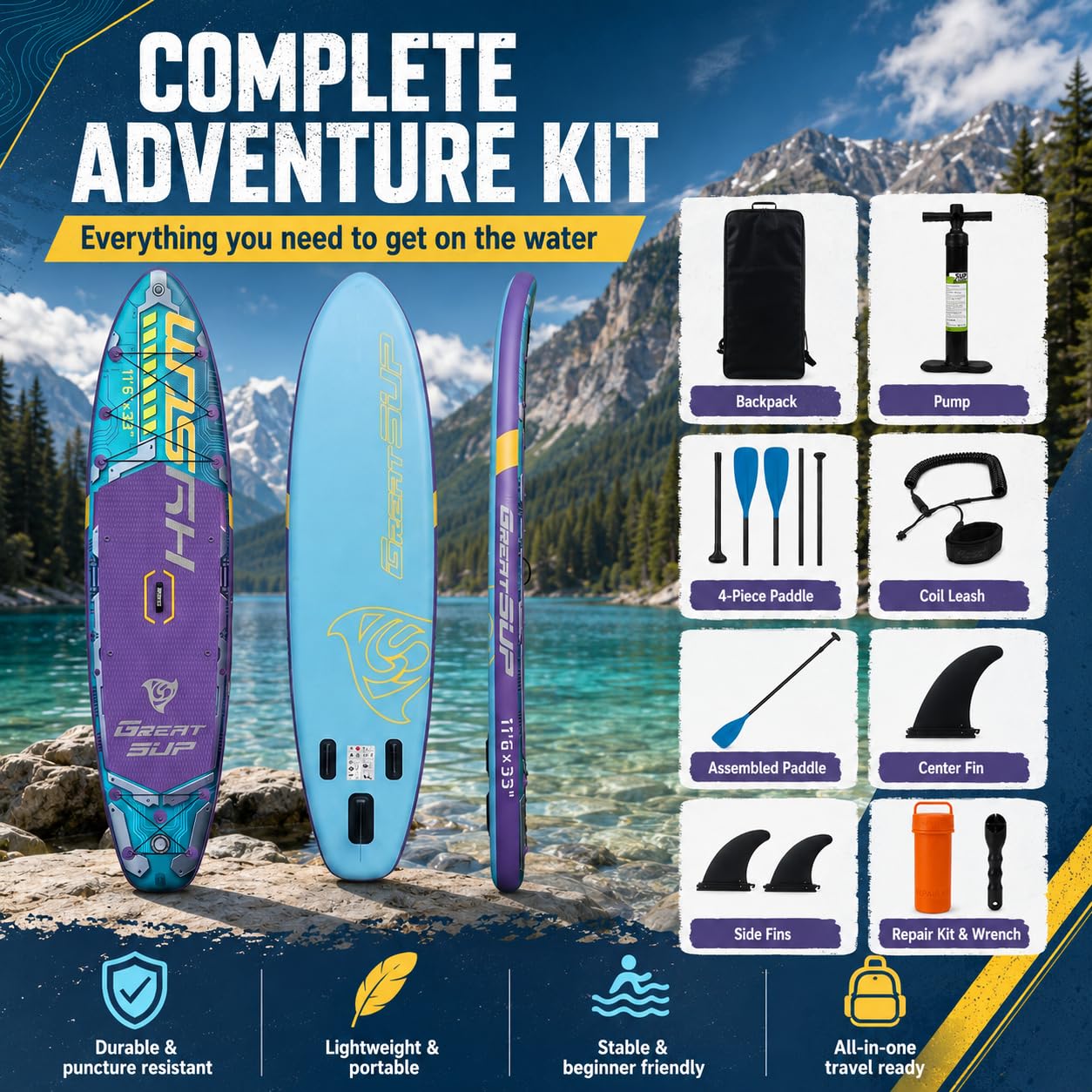 11'6'' Inflatable Stand Up Paddle Board for Adults, Non Slip Deck Blow Up Paddle Board for Fishing Yoga, Paddleboards with SUP Accessories, Fins, Leash, Air Pump, Seat, Backpack
