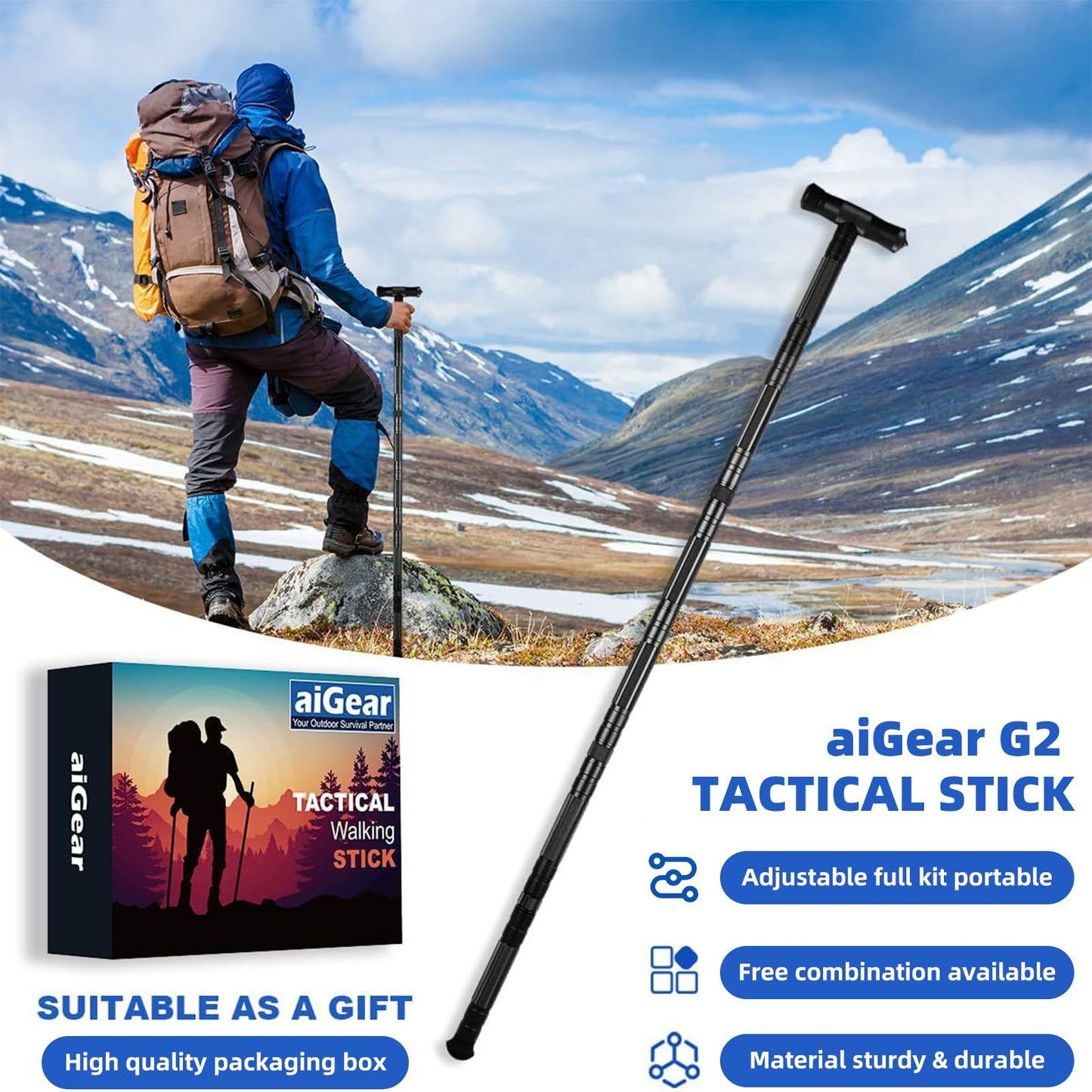 aiGear G2 Tactical Hiking Stick, Heavy-Duty 8 Section Adjustable Walking Staff for Men Women, Aerospace Aluminum Trekking Poles with Multi-Tool for Camping Wading Self Defense Overlanding