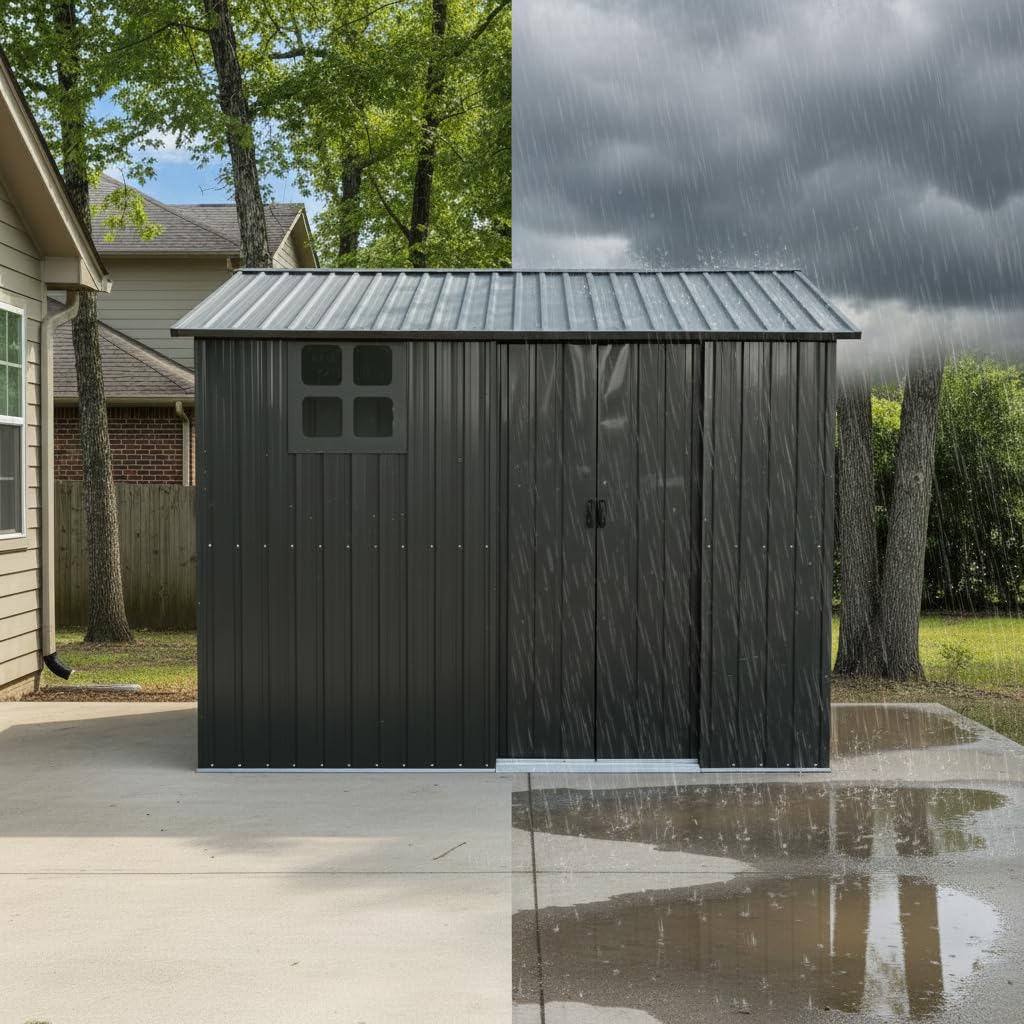 KEIKI 8x6 FT Galvanized Steel Shed with Sliding Door, Heavy Duty Metal Outdoor Storage Tool Shed Waterproof Rust Resistant Weatherproof Vented Window for Backyard Garden Patio, Black