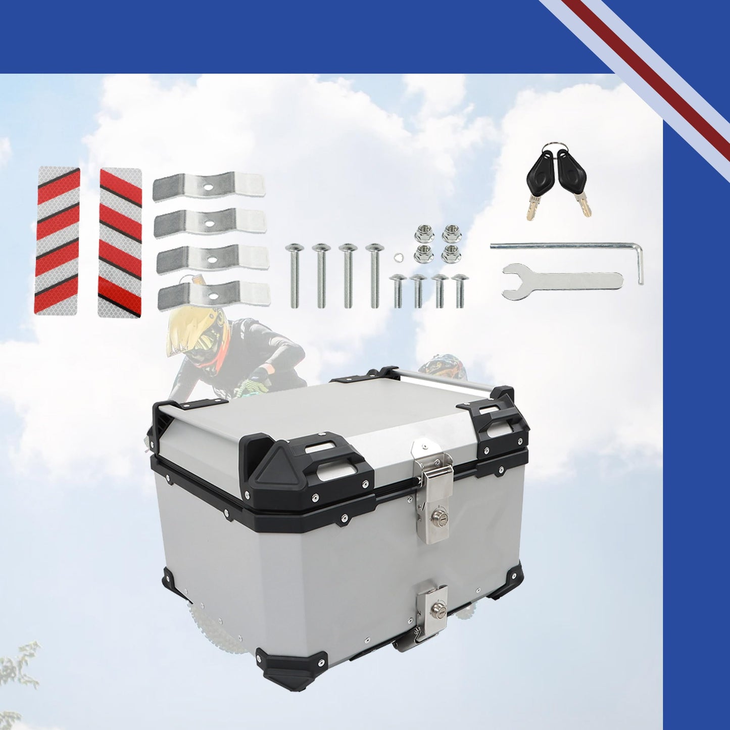 Thomletha 55L Aluminum Alloy Motorcycle Trunk Tour Tail Box Top Case with Mounting Plate Lock Silver