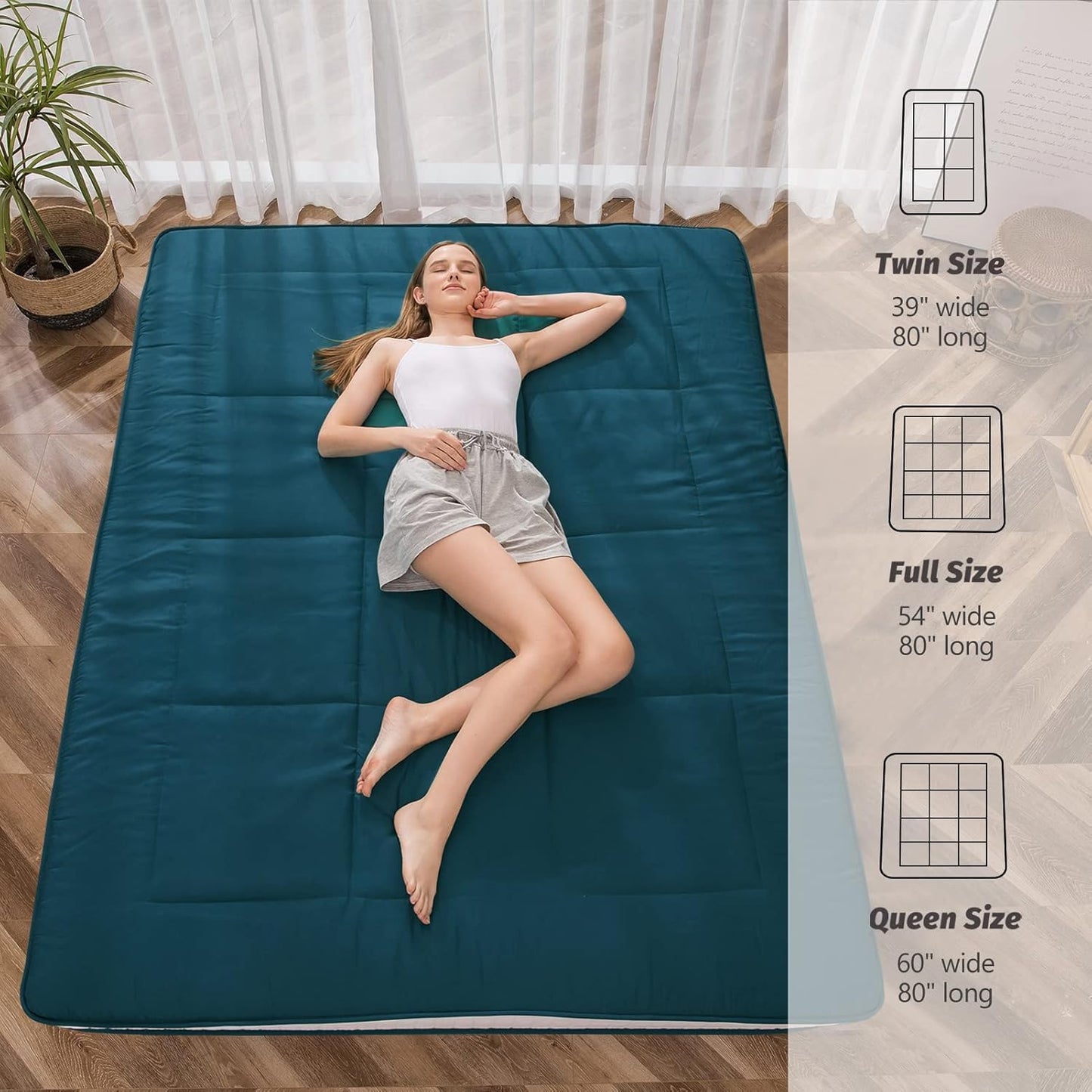 MAXYOYO Futon Mattress, Padded Japanese Floor Mattress Quilted Mattress Topper, Extra Thick Folding Sleeping Pad Breathable Floor Lounger Guest Couch for Camping, Bluestone, Queen