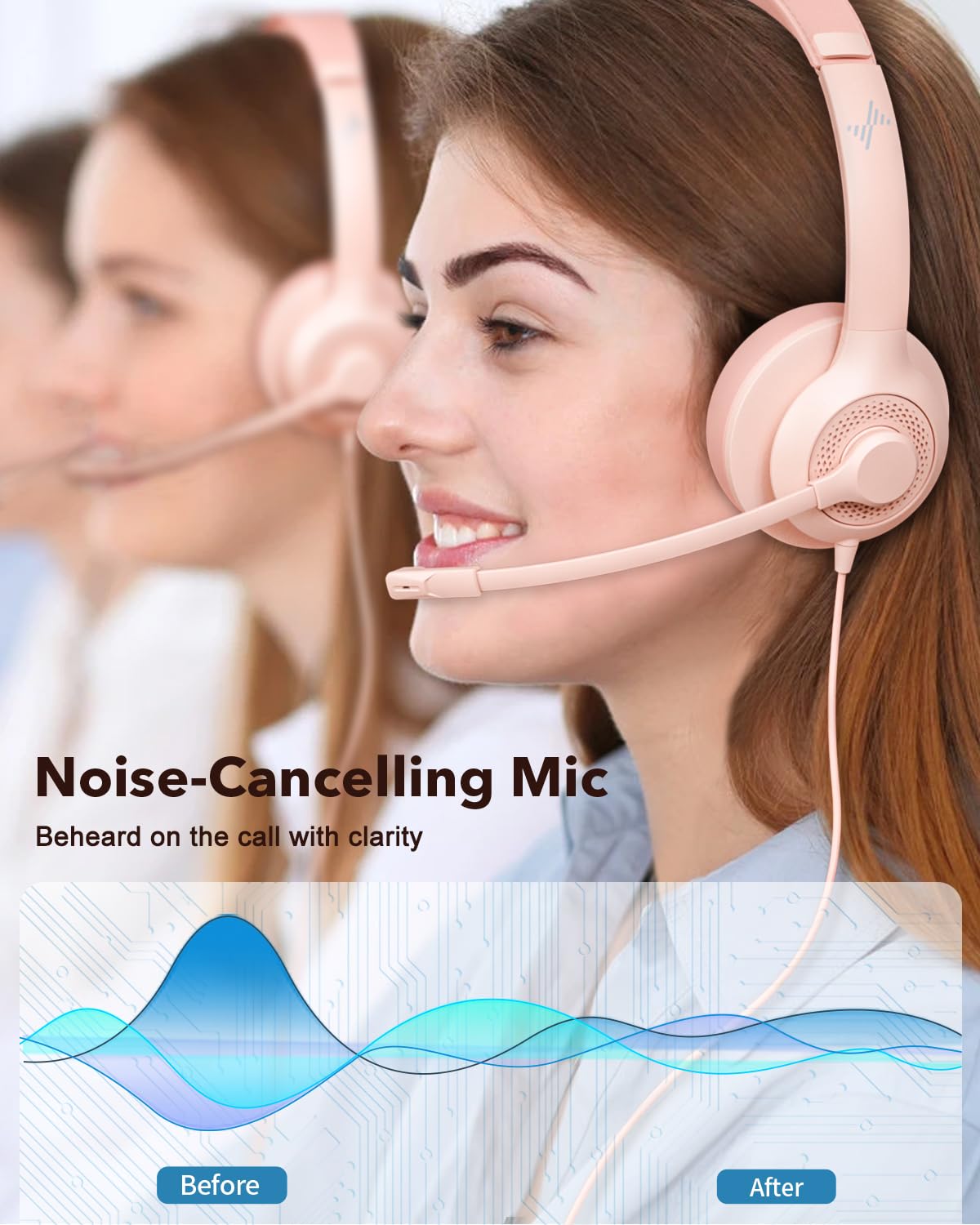 JIAMQISHI USB Headset with Microphone for PC, On-Ear Computer Laptop Headphones with Noise Cancelling Mic in-line Control for Home Office Online Class Zoom (USB+3.5mm, Pink)