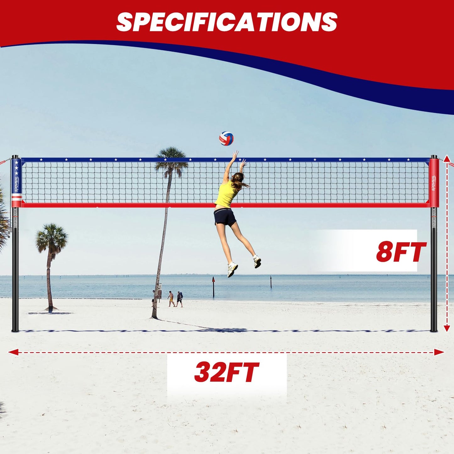 32FT Portable Volleyball Net Set for Backyard - Anti-Sag Winch System with 1.9" Aluminum Poles, Adjustable Beach & Grass Outdoor Training Equipment, with Pro Volleyball, Boundary Lines & Carry Bag