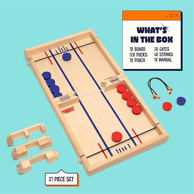 Pinbo Sling Puck Game (18) Premium Wooden Foldable Board | 2 Player Tabletop Game for Adults & Kids | Travel Friendly Classic Slingshot Game
