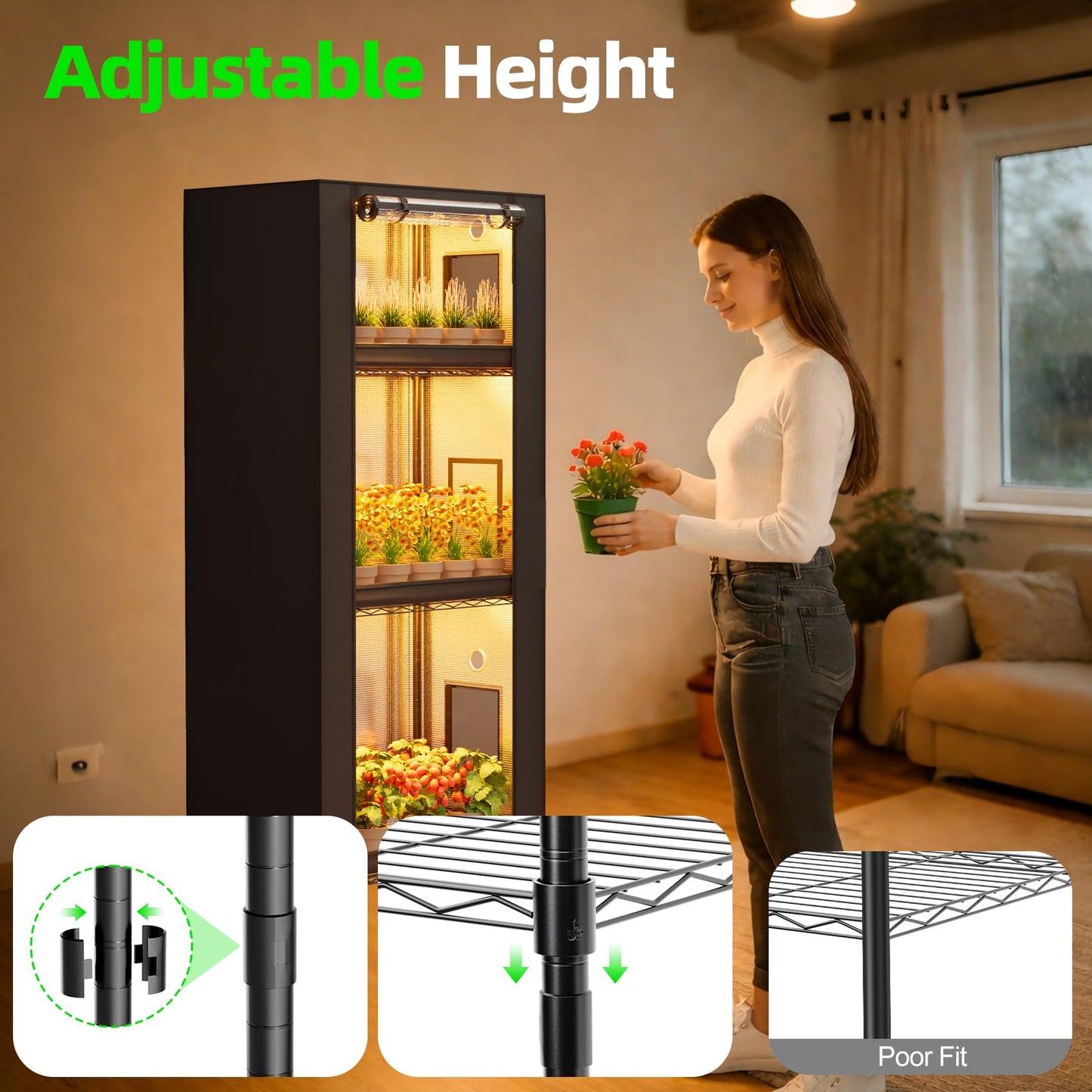 SPECILITE Plant Stand with Grow Tent Lights, 1680D High Reflective Cover, 10-Level Full Spectrum 5000K LEDs, 4-Tier Adjustable Metal Greenhouse(250 Lbs for Plant Growth, Seed Starting, 28"x14"x59"