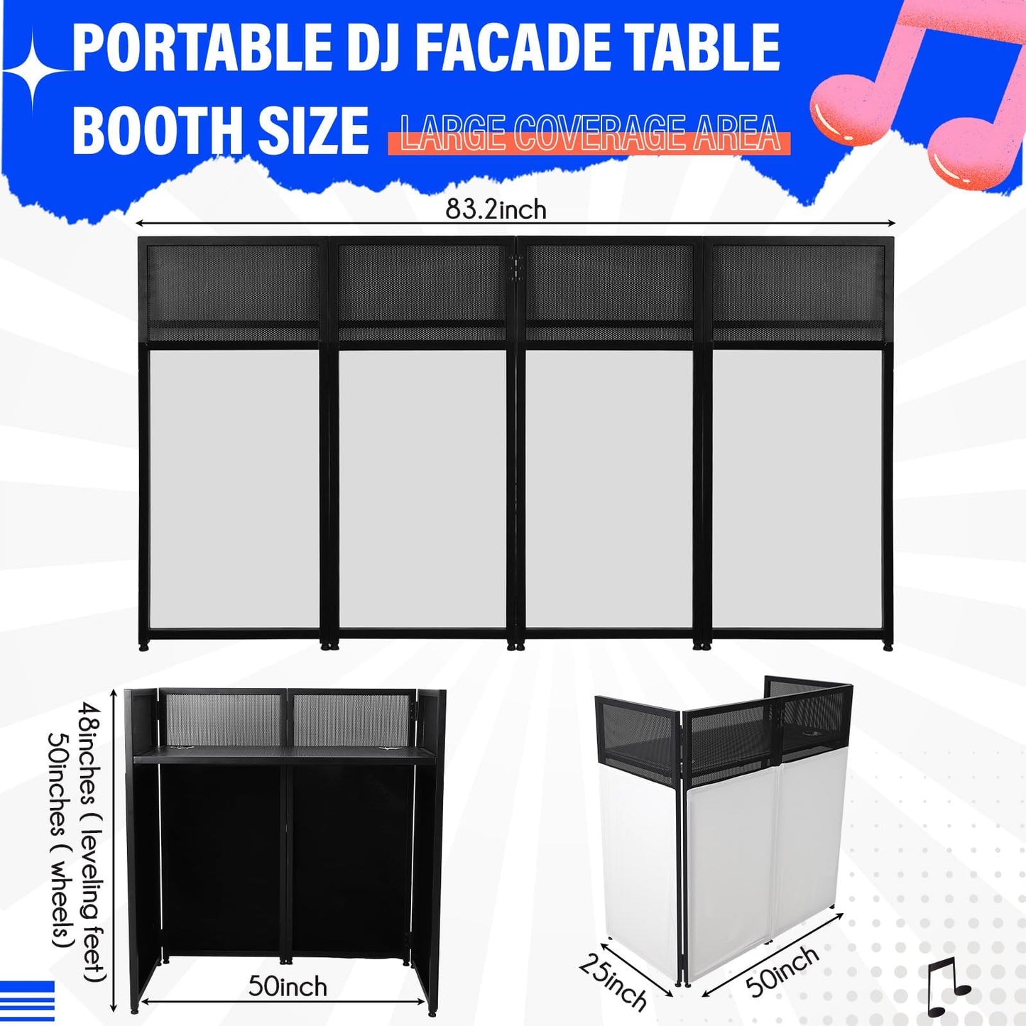 DJ Facade Portable Booth Table with White & Black Lighting Scrim,50" L X 25" W DJ Stand Booth,Foldable DJ Table Station with Adjustable DJ Event Facade Feet for Party, Black Metal Frame