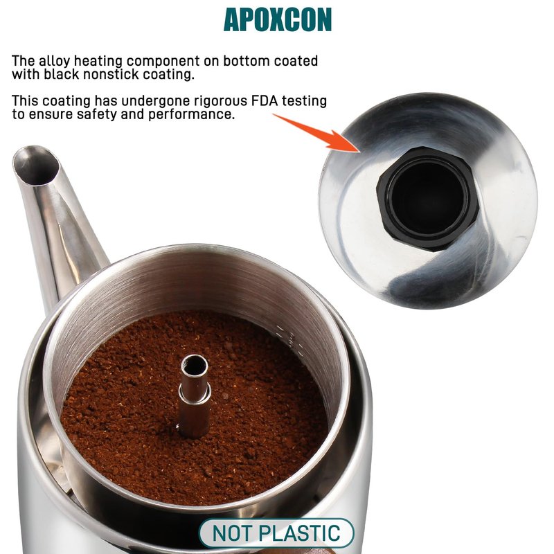 APOXCON Electric Coffee Percolator Stainless Steel Coffee Maker with Two Heat Resistant Glass Knob & Treated Solid Wood Handle Keep Warm Cordless Serve Elegant Design Coffee Pot On/OFF Switch 8 Cup