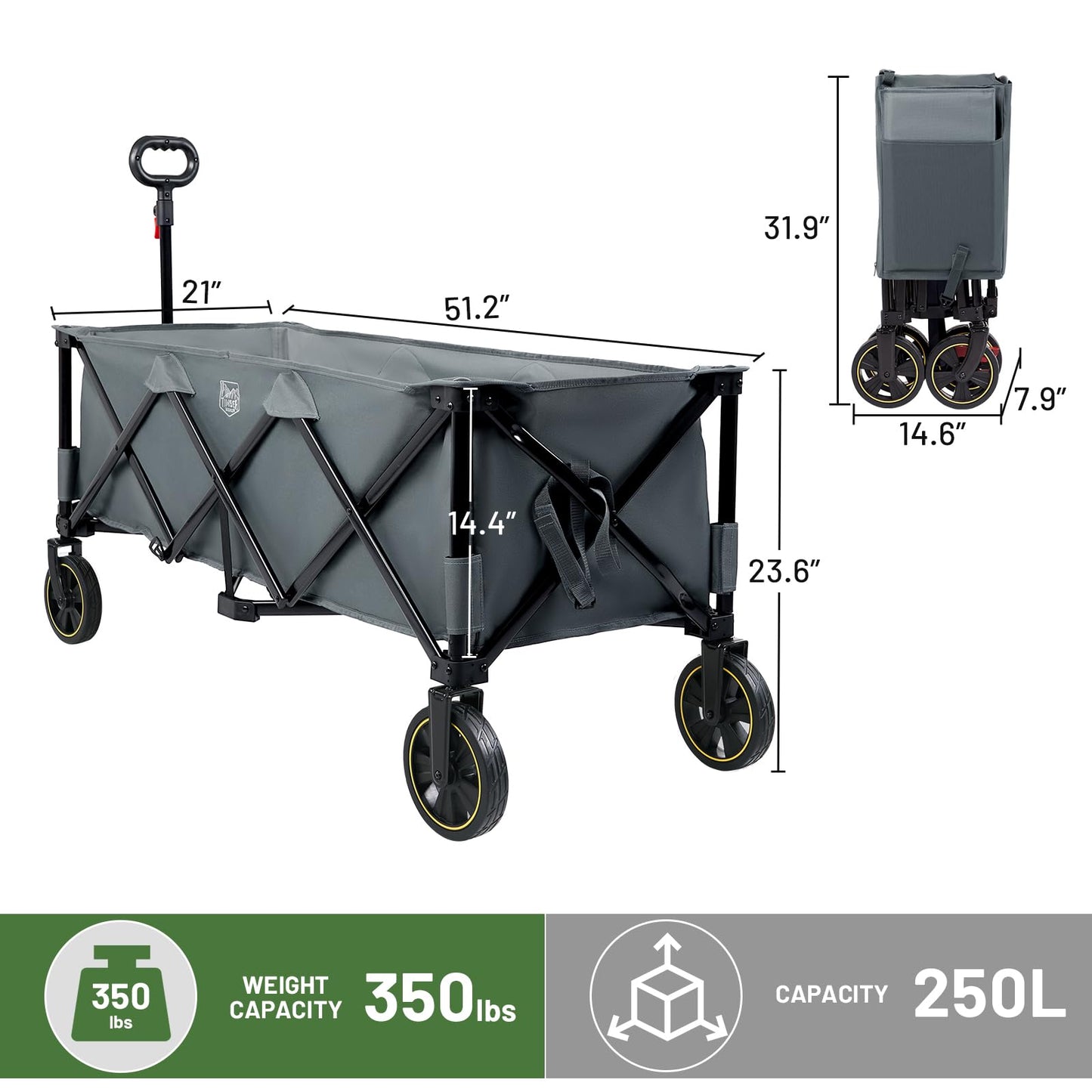 Timber Ridge 51.2'' Extended Collapsible Wagon Cart, 500LBS Heavy Duty Foldable Utility Wagon with Adjustable Handle, 400L Capacity Portable Cart with Cargo Net for Camping Sports Shopping-Grey