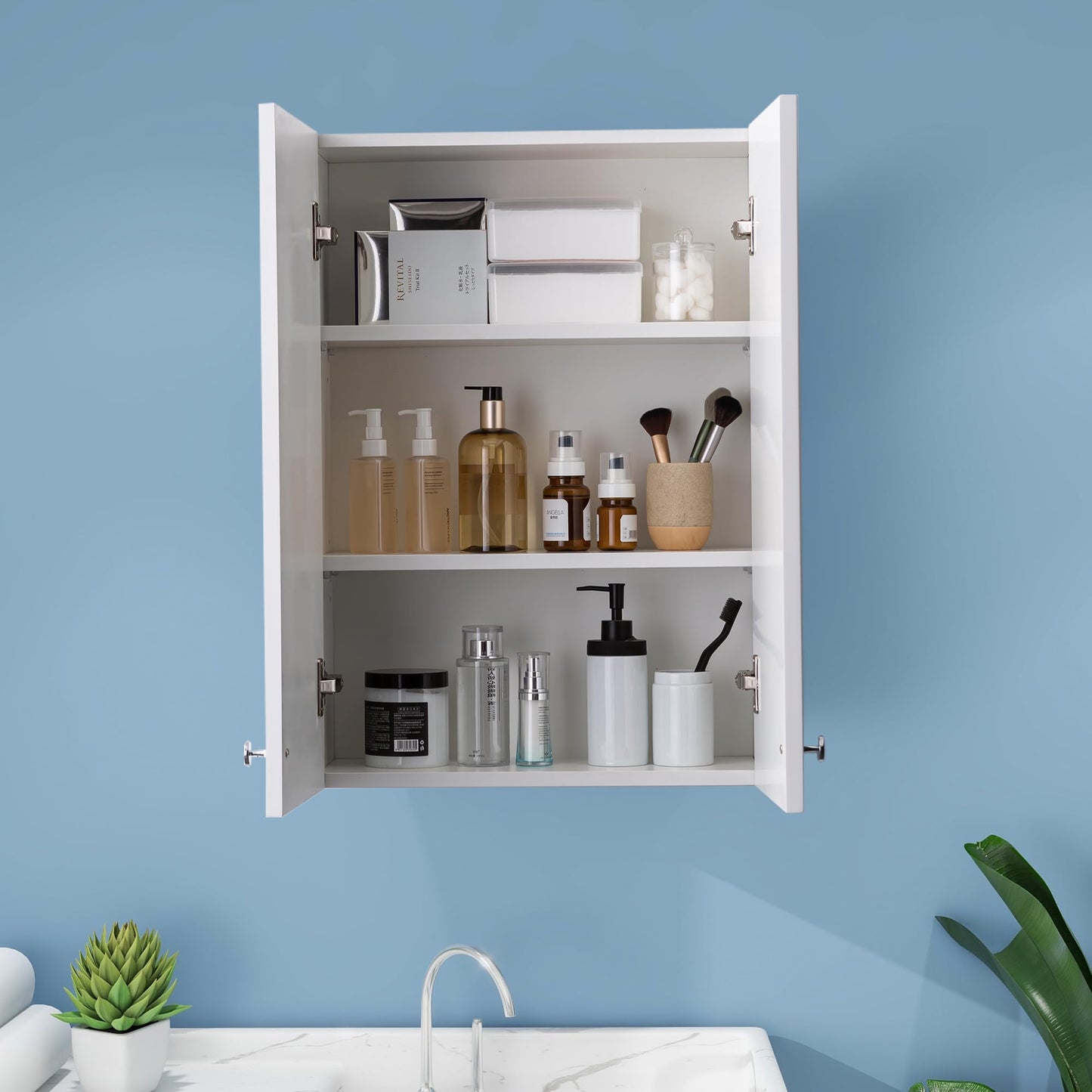 VANIRROR White Wall Mount Cabinet, MDF Over the Toilet Storage Cabinet with Adjustable Shelves, Space Saver 2 Door Medicine Cabinet for Bathroom Laundry Kitchen, 19x 27in, No Paint Odor