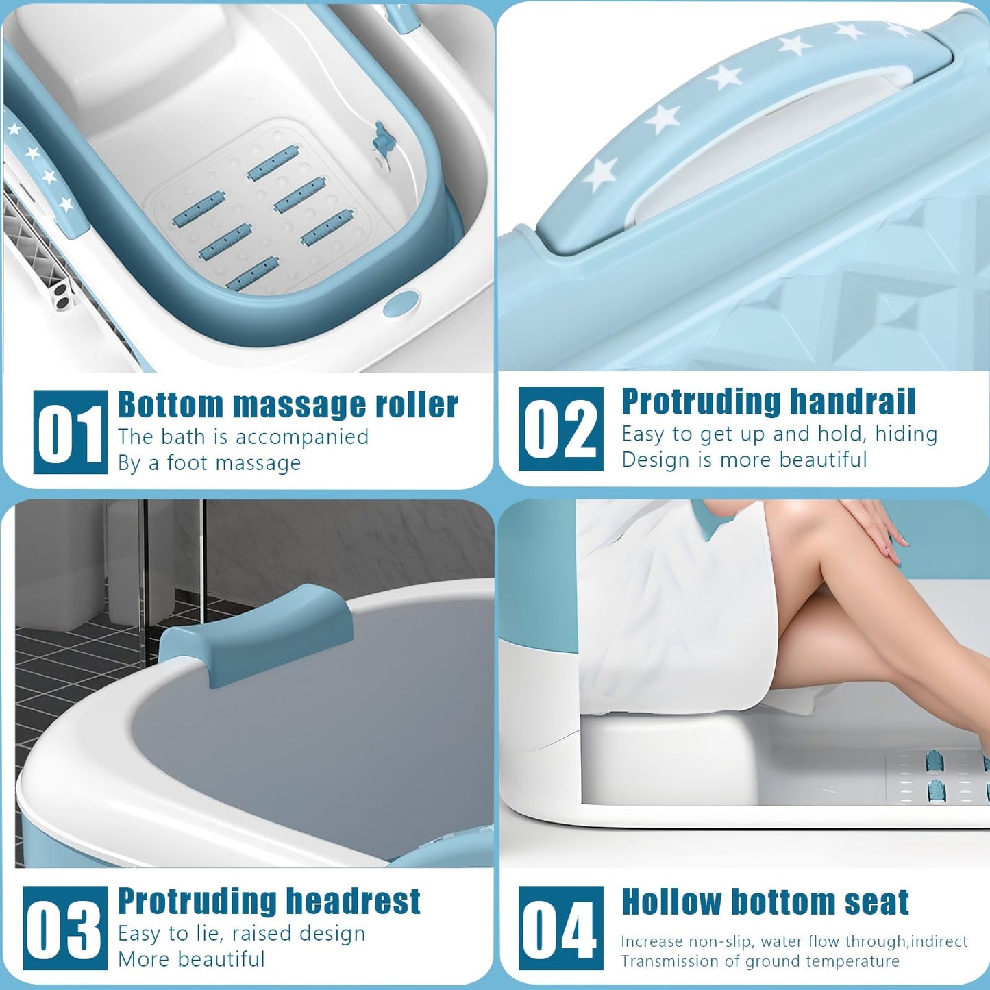 PlayNeew 103cm Portable Folding Bathtub, Small Foldable Soaking Tub with Ergonomic Seat & Massage Roller, Large Collapsible Freestanding Tub for Adults, Hot/Ice Bath Blue