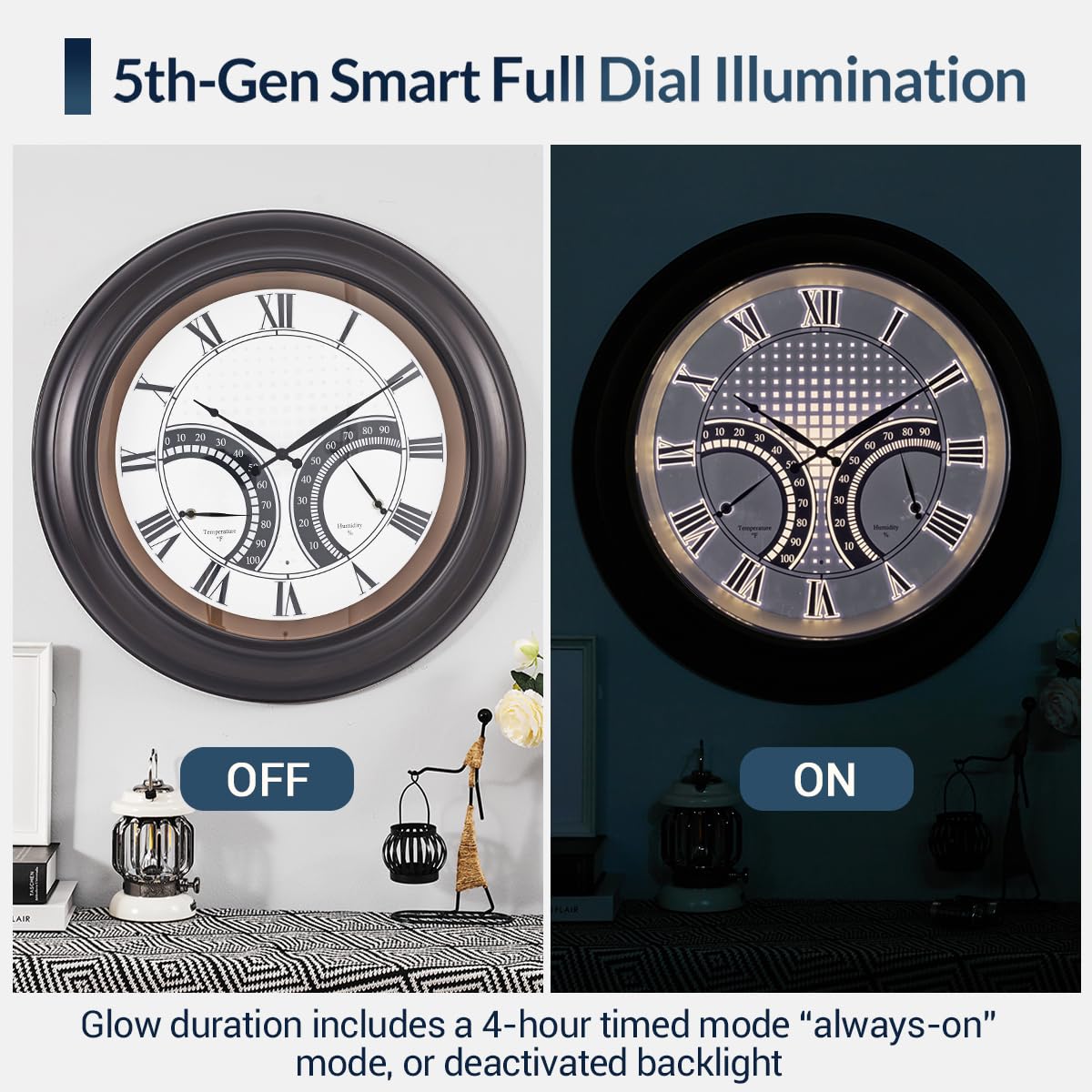 ANDY STAR 24 Inch Outdoor Clocks Waterproof,Large Outdoor Wall Clocks for Patio with Thermometer, Weatherproof Illuminated Clock Battery Operated with Thermometer&Hygrometer,Oil Rubbed Bronze Black
