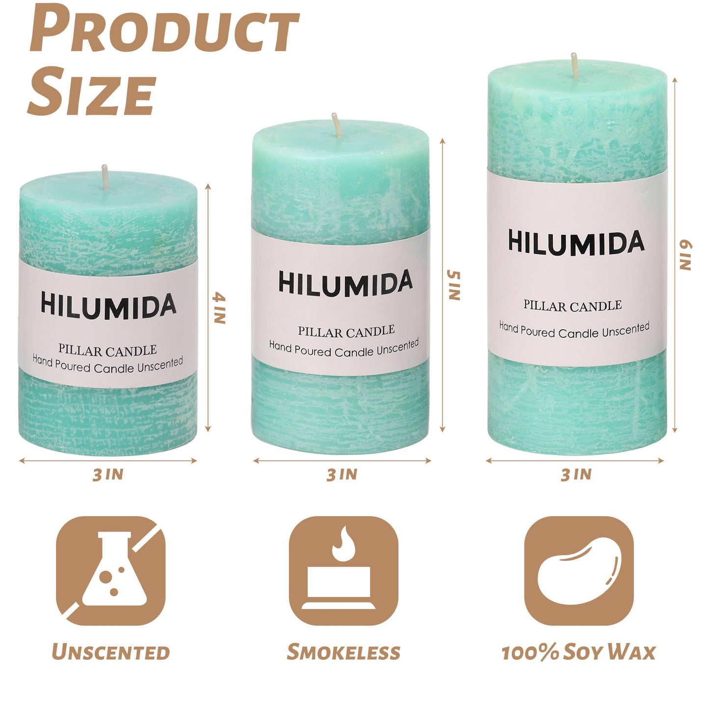 Turquoise Pillar Candles Set of 3 - Hand-Poured Unscented Candles,Smokeless Dripless Candles for Dinner Table and Home, Set of 3 in Different Sizes (3"x4", 3"x5", 3"x6")