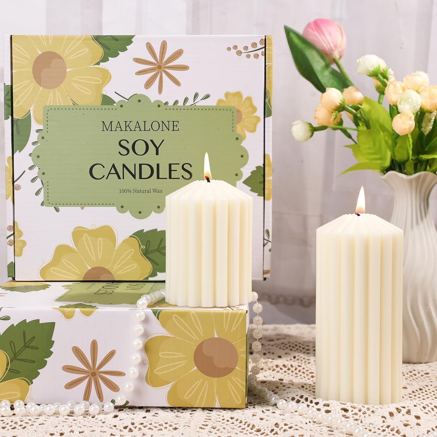 3 Pack Cream White Ribbed Pillar Candles-Natural Soy Wax Unscented,Non-Toxic,Smokeless Large Candle-2.8" x4,6,8 Inch Aesthetic Modern Candles for Home Decor,Dinner Table,Living Room,Housewarming Gift
