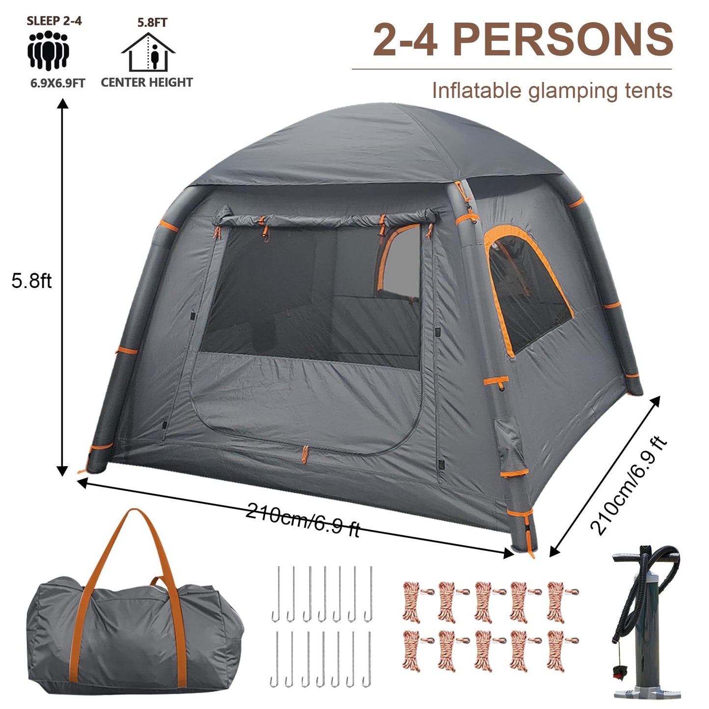 Inflatable Tent with Pump, 2-4 Person Glamping Camping Tents House, Easy Setup Blow Up Family Tents for 4 Seasons Waterproof Inflatable Tent for Camping with Mesh Windows.
