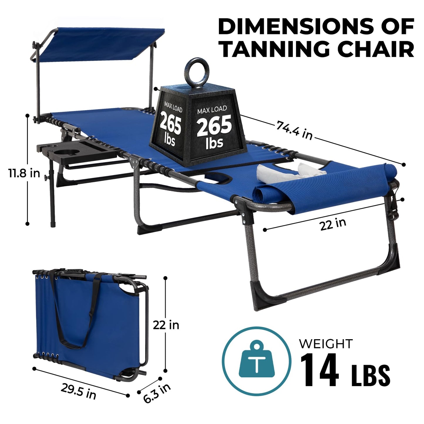 FUNDANGO 4 in 1 Tanning Chair with Face Hole, Beach Lounge Chair with Canopy Shade & Side Table Chaise Lounge Chairs for Patio, Pool, Lawn, Sunbathing, 5-Position Adjustable Sun Lounger, Blue