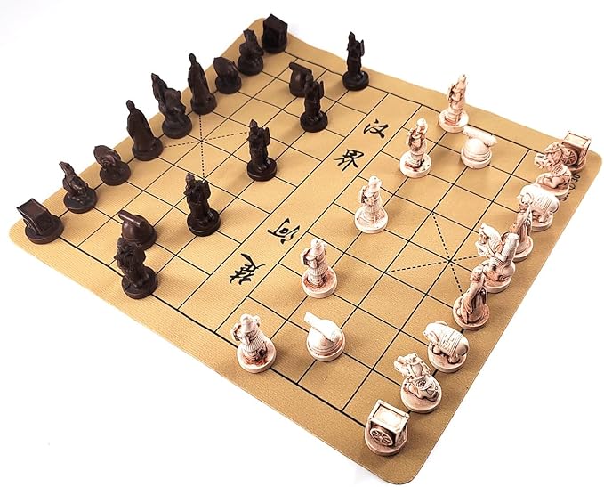 Traditional Chinese Xiangqi Portable Chess SetTravel Board Game Set with Resin Chess Pieces and Leather Chessboard