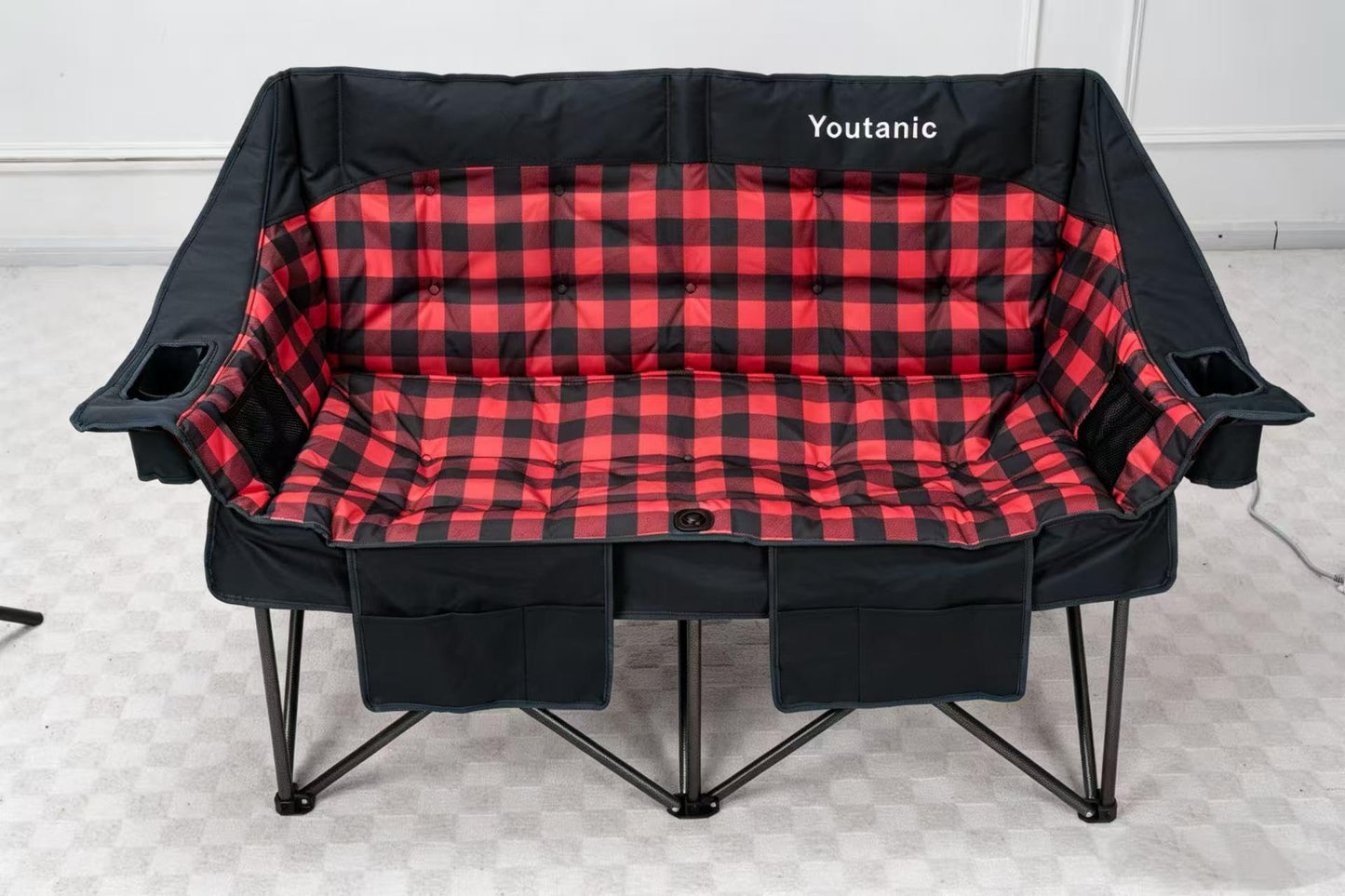Youtanic 60" Extra Double Camping Chair, 700lbs Heavy Duty Padded Loveseat for Adults, Oversized 2 Person Folding Camp Couch with Dual Cup Holders, Portable Plaid Lawn Chair for Outside, Sports, Red