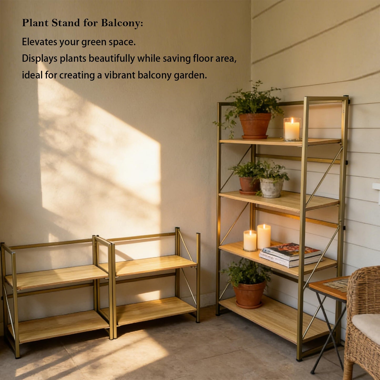 Kogven Folding Bookshelf, 2-in-1 Convertible Design, Multifunctional Plant Stand Storage Rack Shelves for Home Office, Easy Assembly, 4-Tier,Gold & Nature Wood