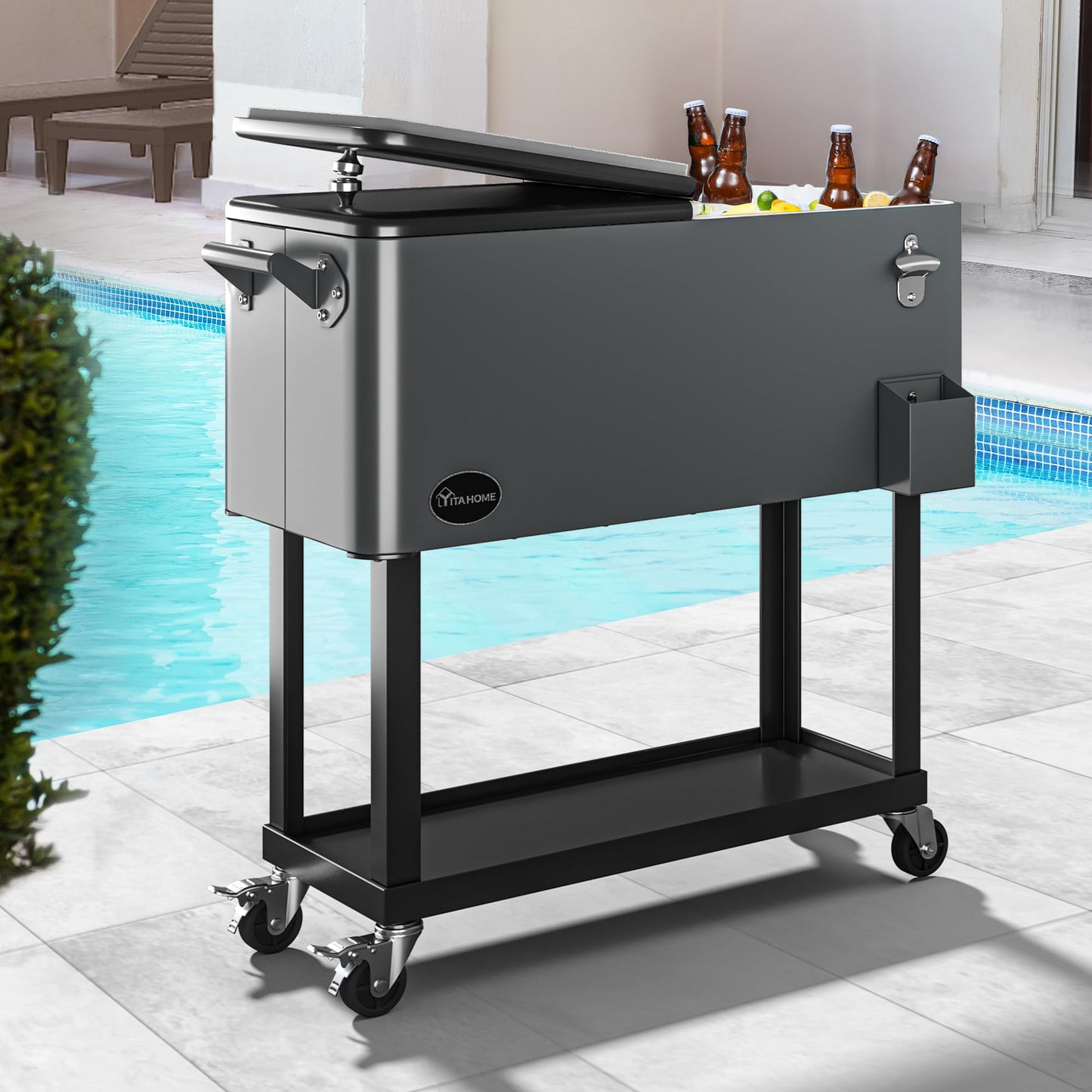 YITAHOME 80 Quart Rolling Cooler Cart with Bottle Opener Drainage, Portable Patio Cooler Rolling on Wheels, Outdoor Rolling Beverage Cart Drink Cooler for Patio Pool Deck Party BBQ Cookouts (Silver)