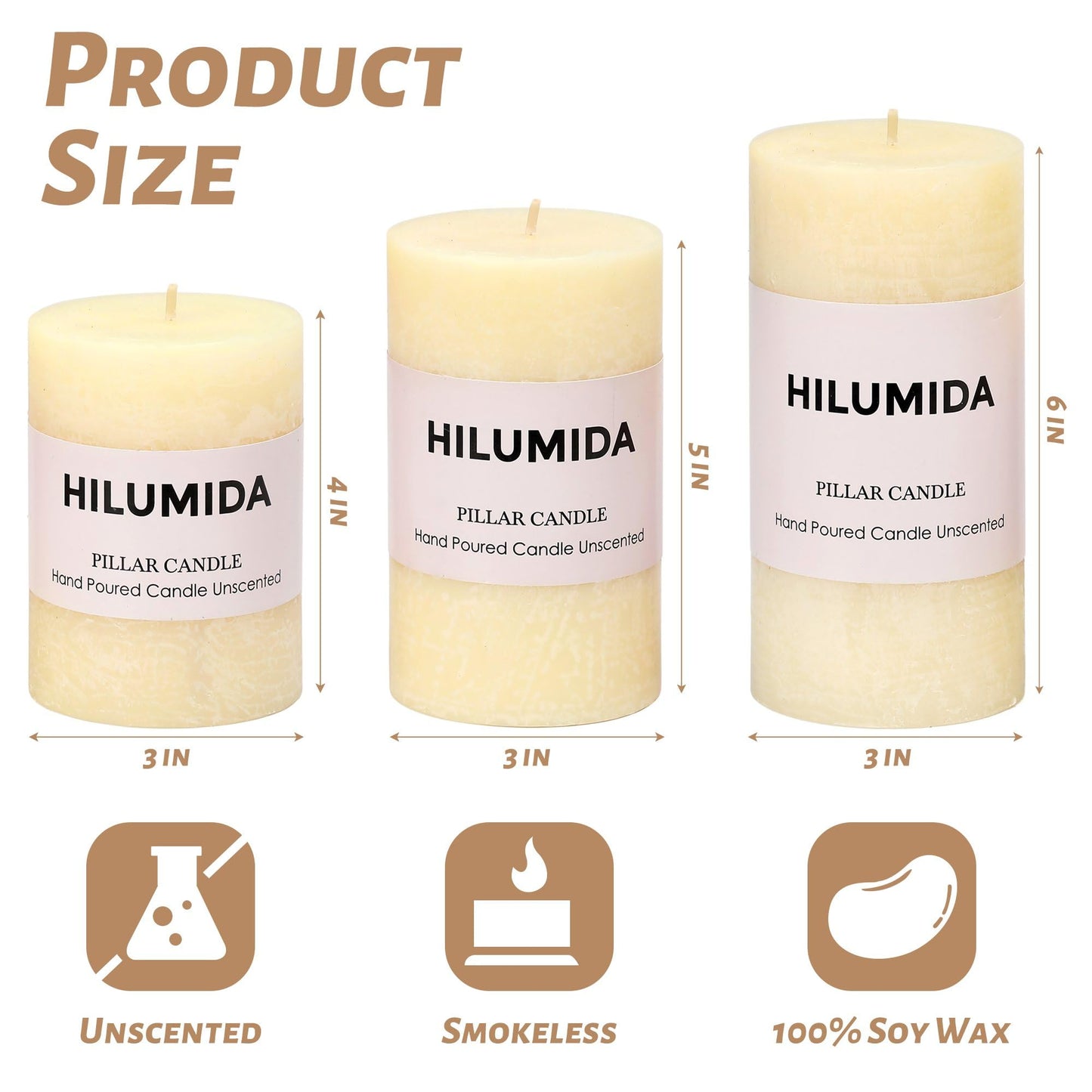 Ivory Pillar Candles Set of 3 - Hand-Poured Unscented Candles,Smokeless Dripless Candles for Dinner Table and Home, Set of 3 in Different Sizes (3"x4", 3"x5", 3"x6")