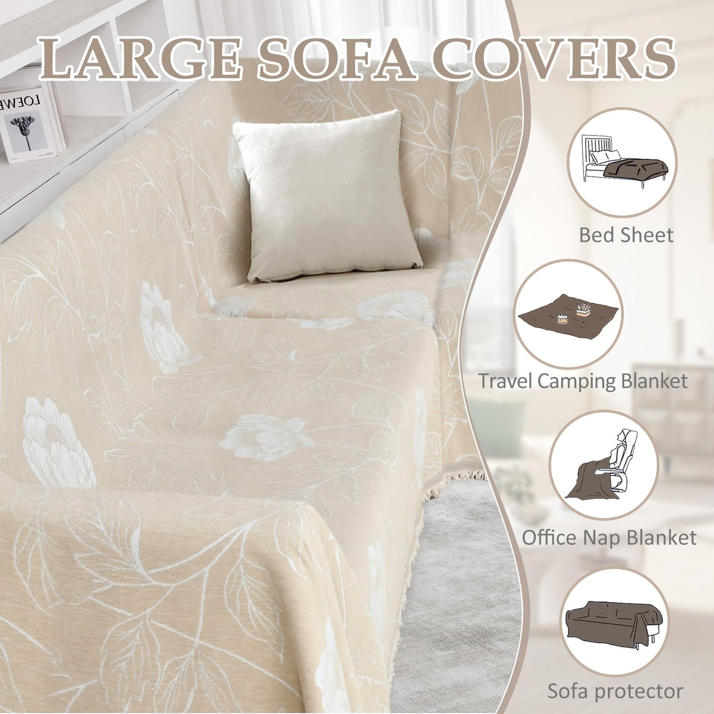 SYJOVIA 1OO% Waterproof Sectional Couch Covers for Dogs L Shaped Corner Sofa Cover Washable Chenille Sofa Slipcovers Blanket Modern Jacquard Pet Furniture Protector (91"x276", Beige Flower)