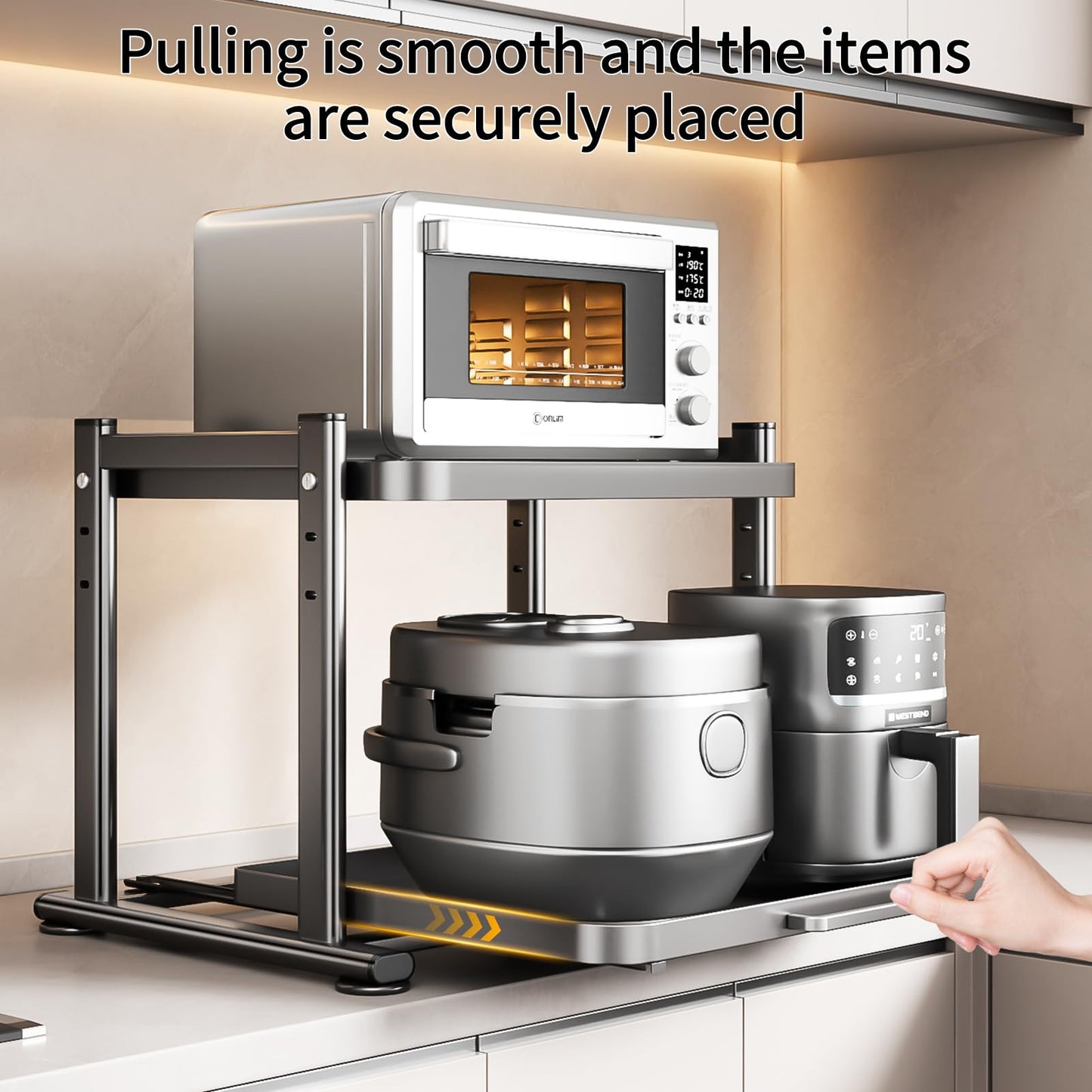 PureBox Adjustable Height Microwave Stand, Heavy Duty Metal Kitchen Appliance Shelf with Slide Out Storage for Air Fryer, Coffee Maker & Small Appliances