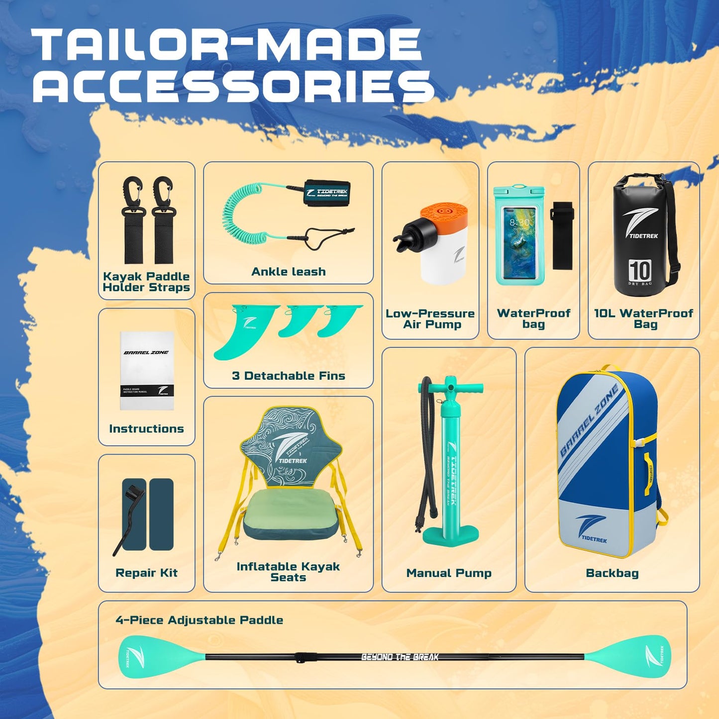 TIDETREK 11'/11'6" x 33"/34" x 6" Inflatable SUP Paddle Board – Extra-Wide, Stable Stand Up Paddle Board with Premium Full Accessory Set for Adults & Youth (Ocean Spirit/Kayak Seat, 11'x33 x6)