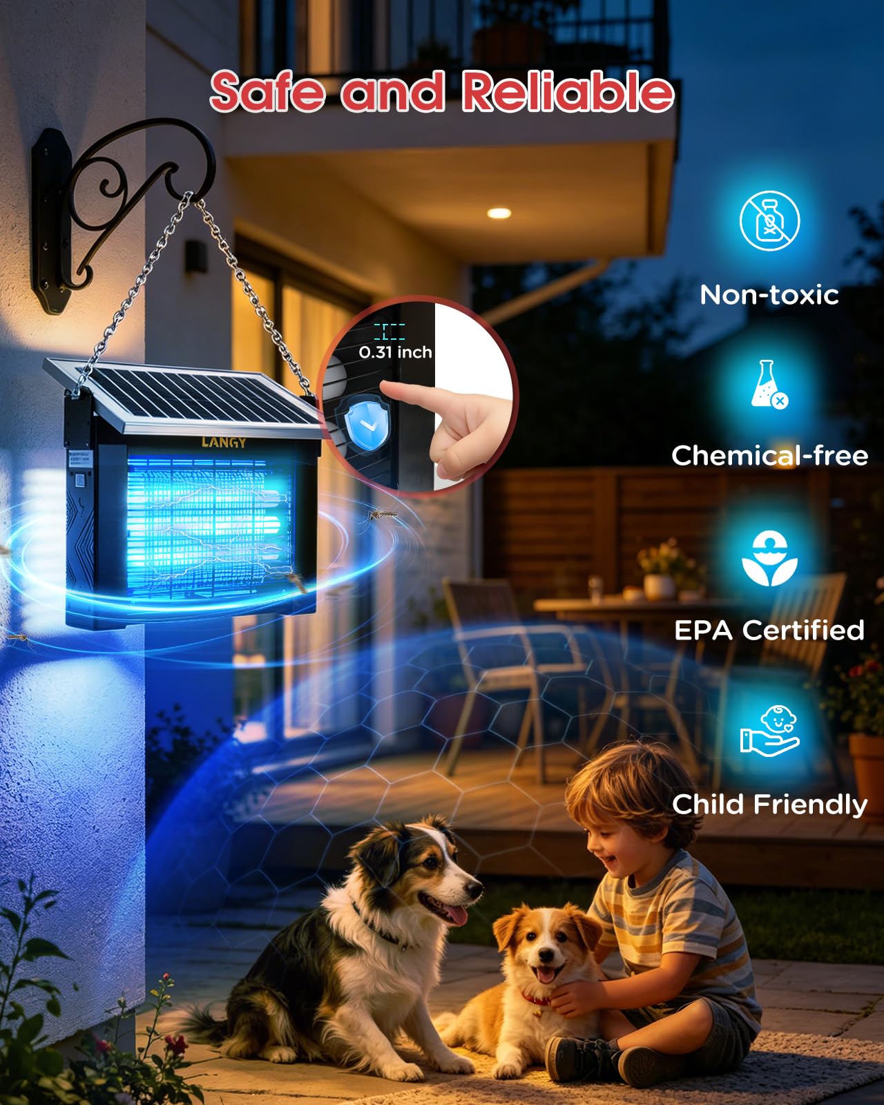 LANGY 10W Solar Bug Zapper Outdoor Waterproof, Upgrade 3-Tube 365nm Mosquito Zapper Solar Powered, Rechargeable 4500V Electric Cordless Fly Zapper Mosquitos Trap Auto On/Off for Yard Patio Camping