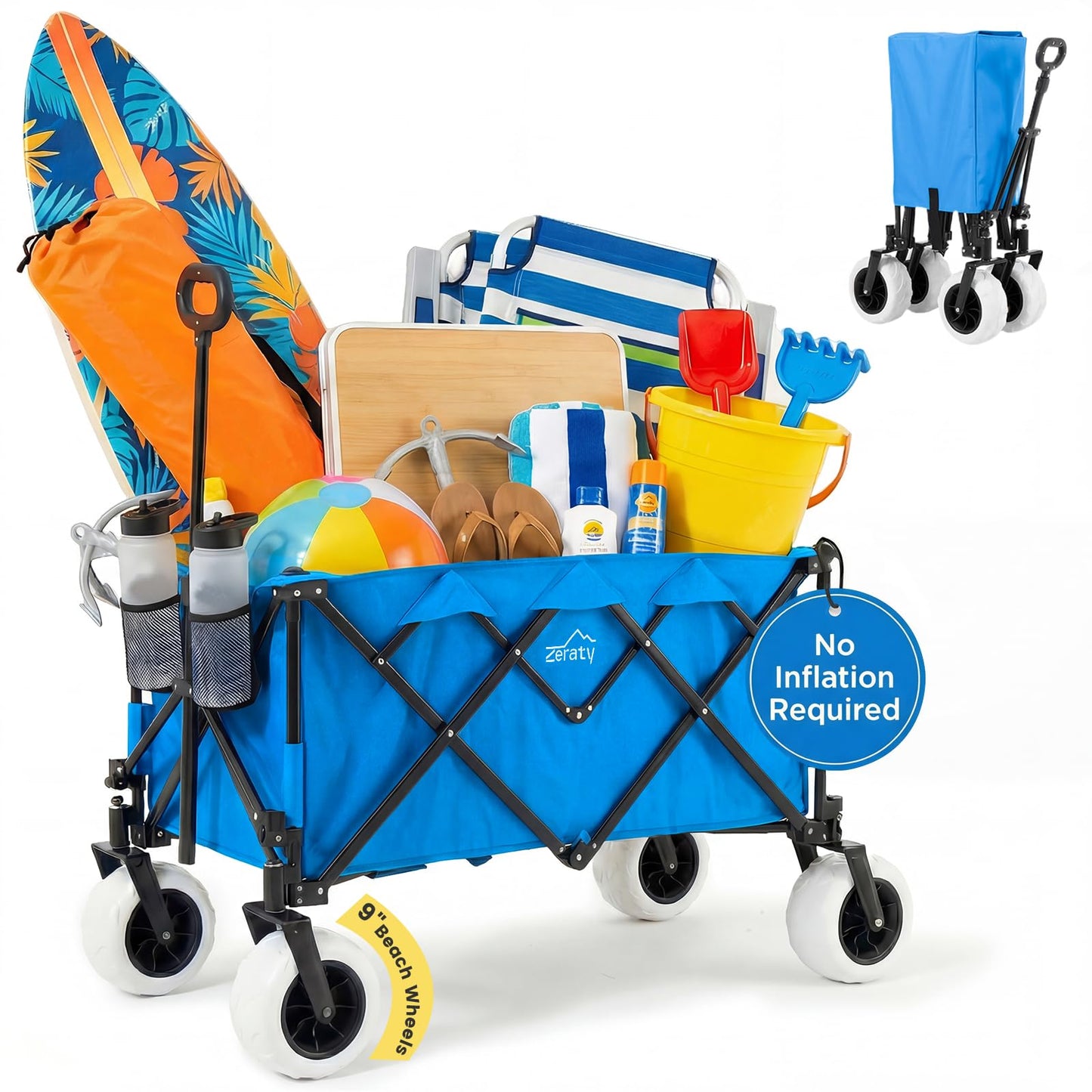 Zeraty Beach Wagon with Big Wheels for Sand, Heavy Duty All Terrain Wagons Carts Foldable with Solid 9" Tires, 300L Oversized Capacity & 330 LBS Load, Beach Cart for Outdoor & Camping, Blue