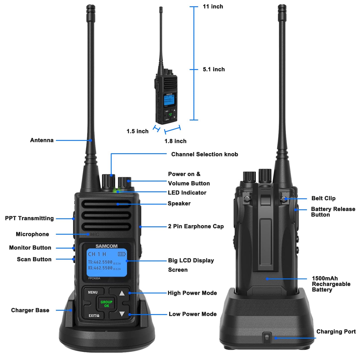 SAMCOM Two Way Radio with Shoulder Speaker Mic,5W High Power 2 Way Radios Long Range Walkie Talkie earpiece with mic for Adults Construction Site School Security(4 Pack)