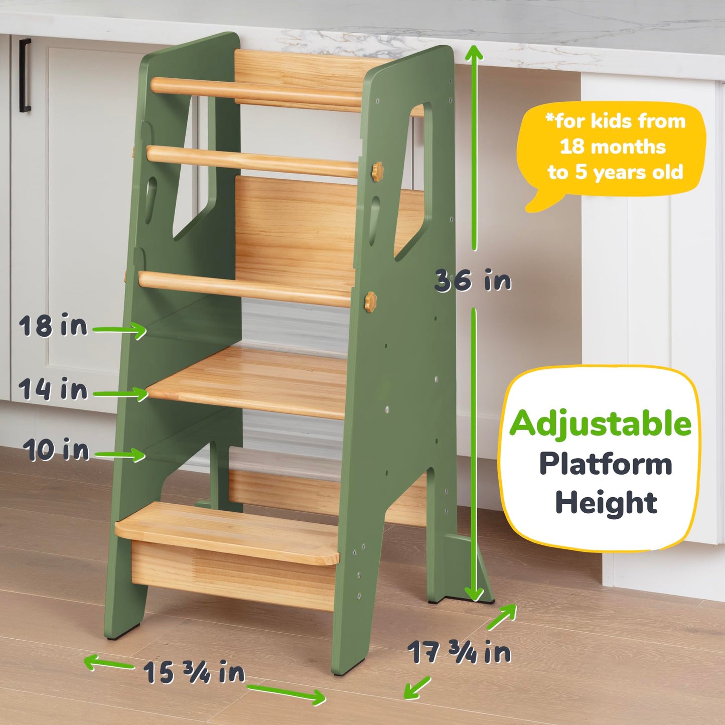 OCODILE Toddler Standing Tower - Adjustable Height Toddler Kitchen Stool Helper - Ideal Kids Kitchen Step Stool for Learning New Skills - Extra Secure with Safety Feet - Green