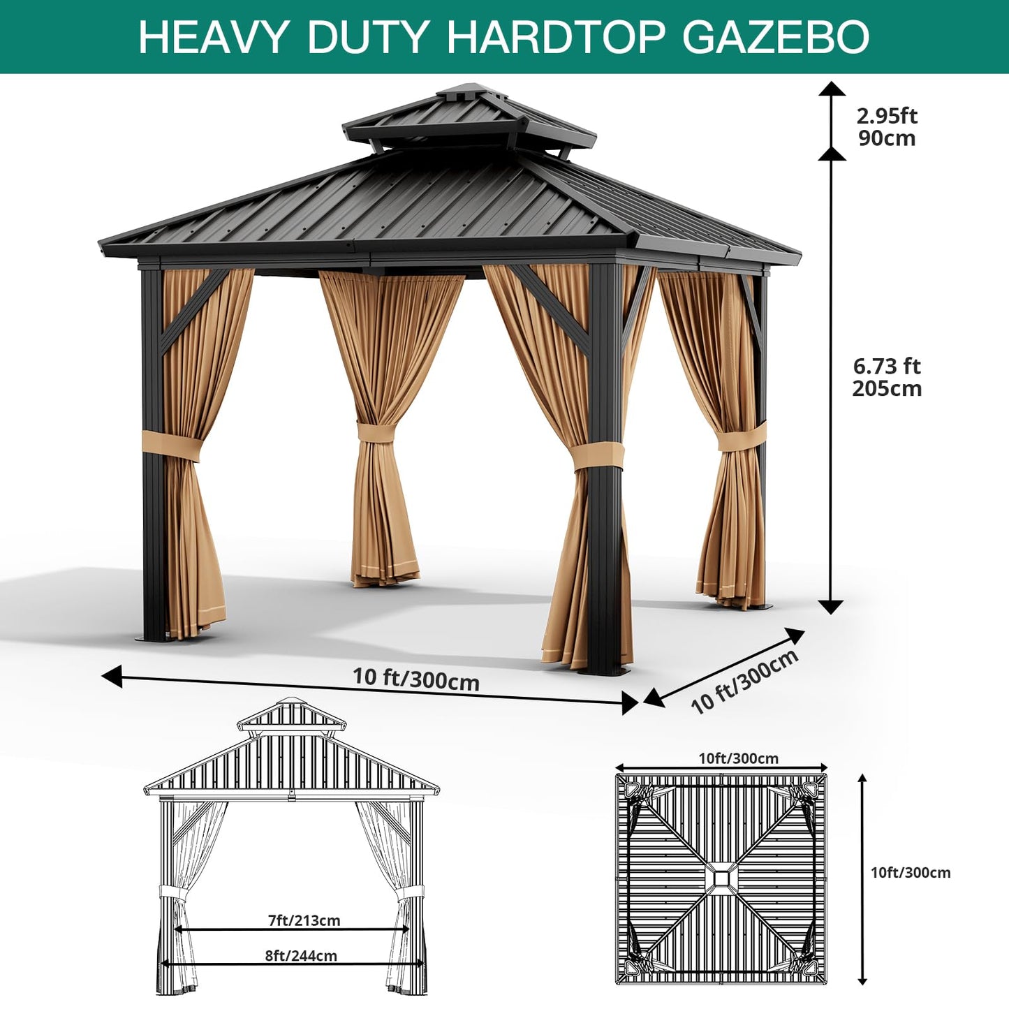 GarveeHome Outdoor Gazebos Canopy 10 x 10 ft Permanent with High Strength Aluminum Frame, Iron Double-Roof, Pavilion with Curtain and Netting for Patio, Lawn, Deck, Garden