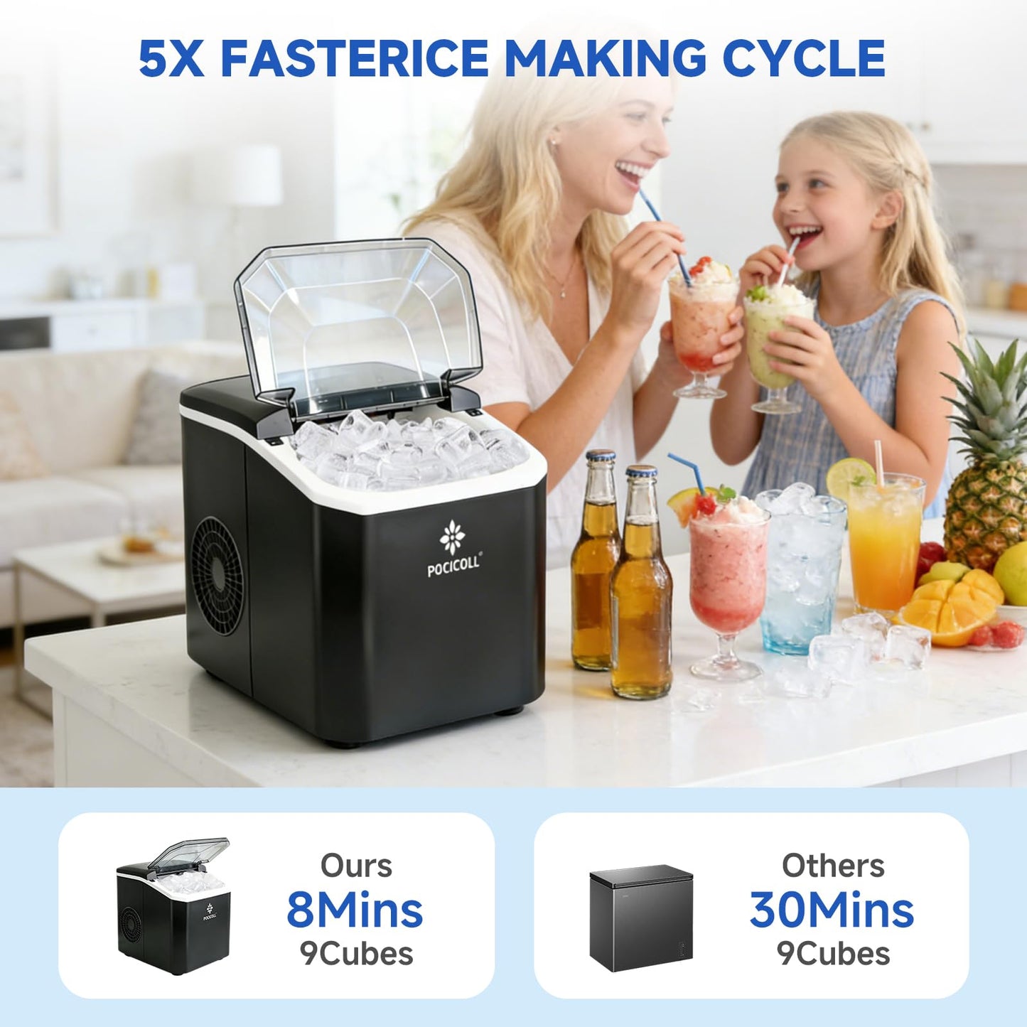Pocicoll Countertop Ice Maker Machine, 26lbs in 24Hrs, 9 Ice Cubes Ready in 8 Mins, Auto-Cleaning Portable Ice Maker with Basket and Scoop, for Home/Kitchen/Camping/RV (Black)