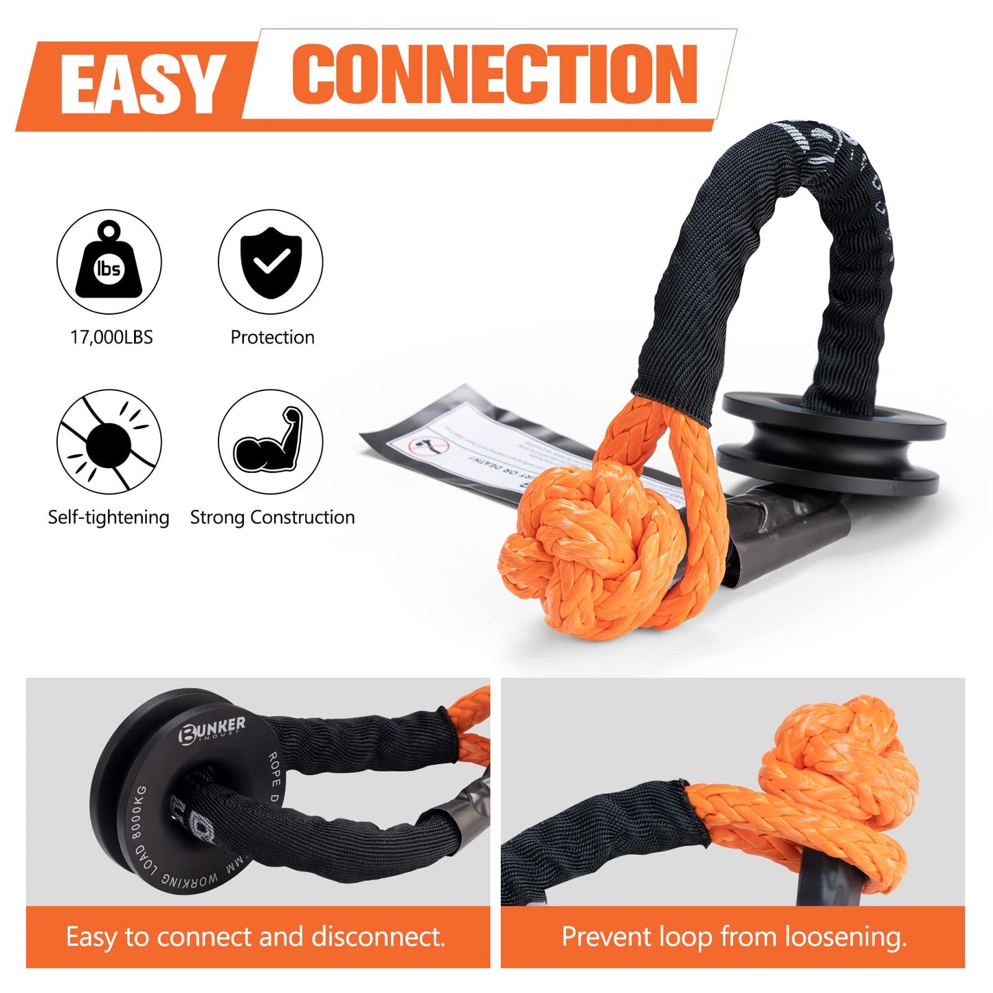 BUNKER INDUST Vehicle Offroad Recovery Kit, Pair Traction Boards Black + Synthetic Soft Shackle with Winch Ring
