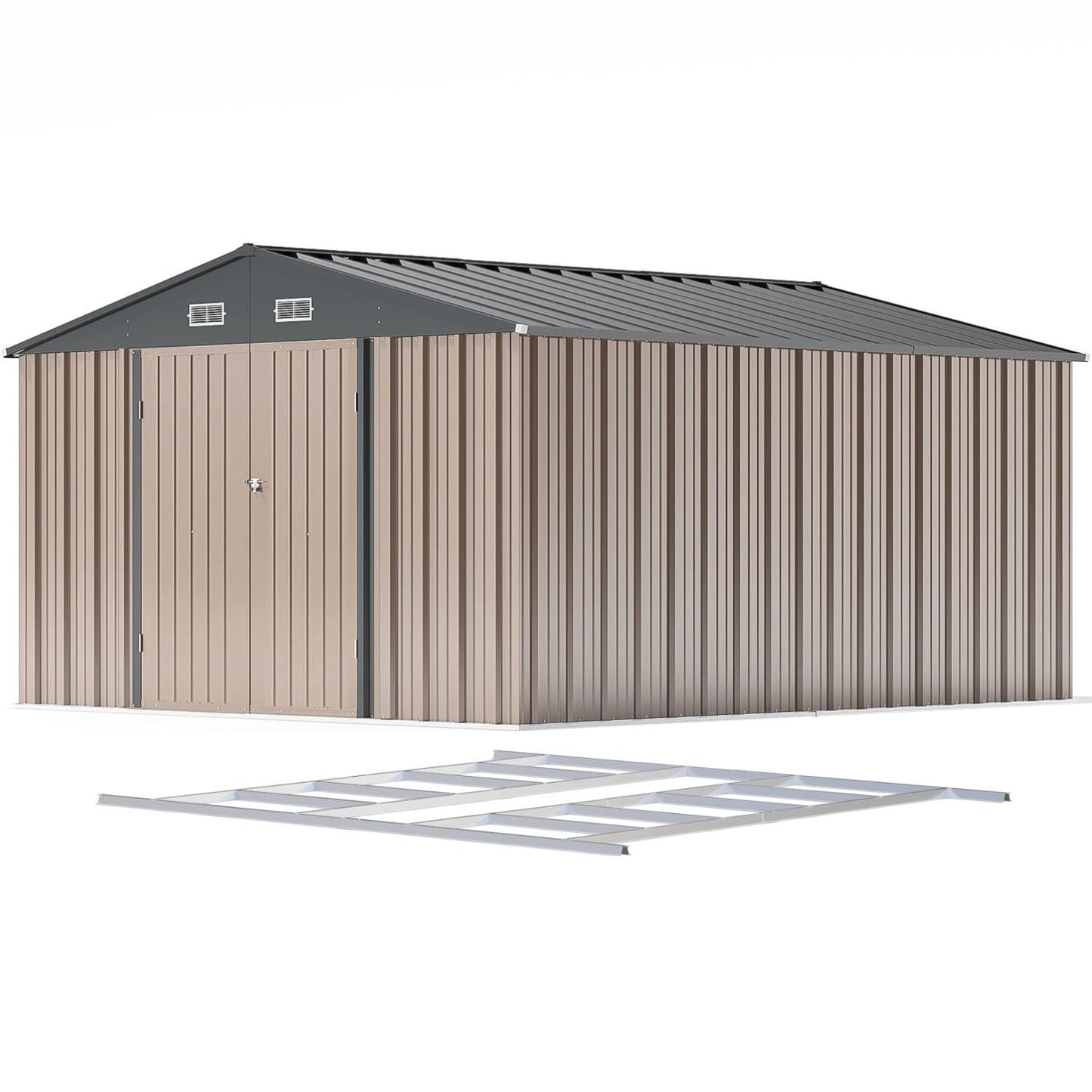 Patiowell 10 x 12 FT Metal Storage Shed for Outdoor with Floor Frame, Steel Yard Shed with Design of Lockable Doors, Utility and Tool Storage for Garden, Backyard, Patio, Outside use,Brown