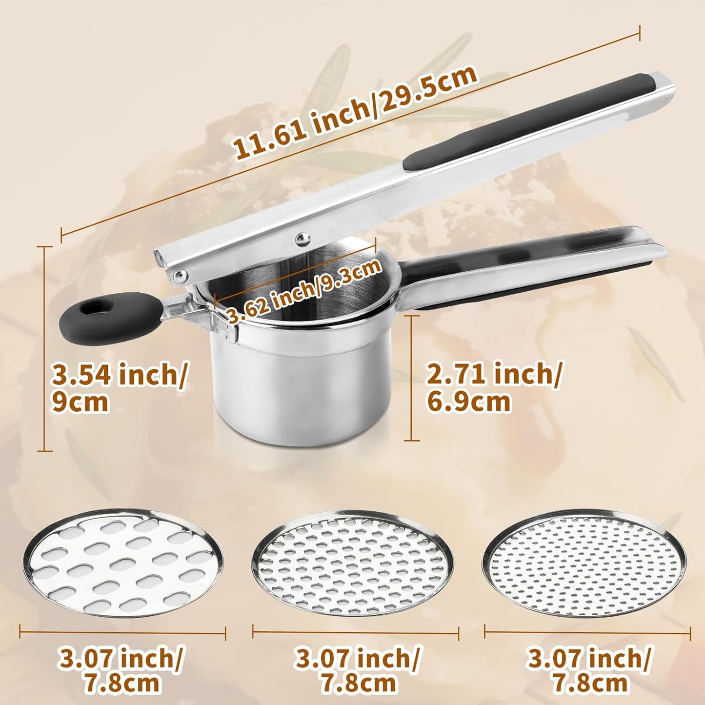 Skiennix 15oz Potato Ricer - Heavy Duty Stainless Steel with 3 Interchangeable Discs & Silicone Handle