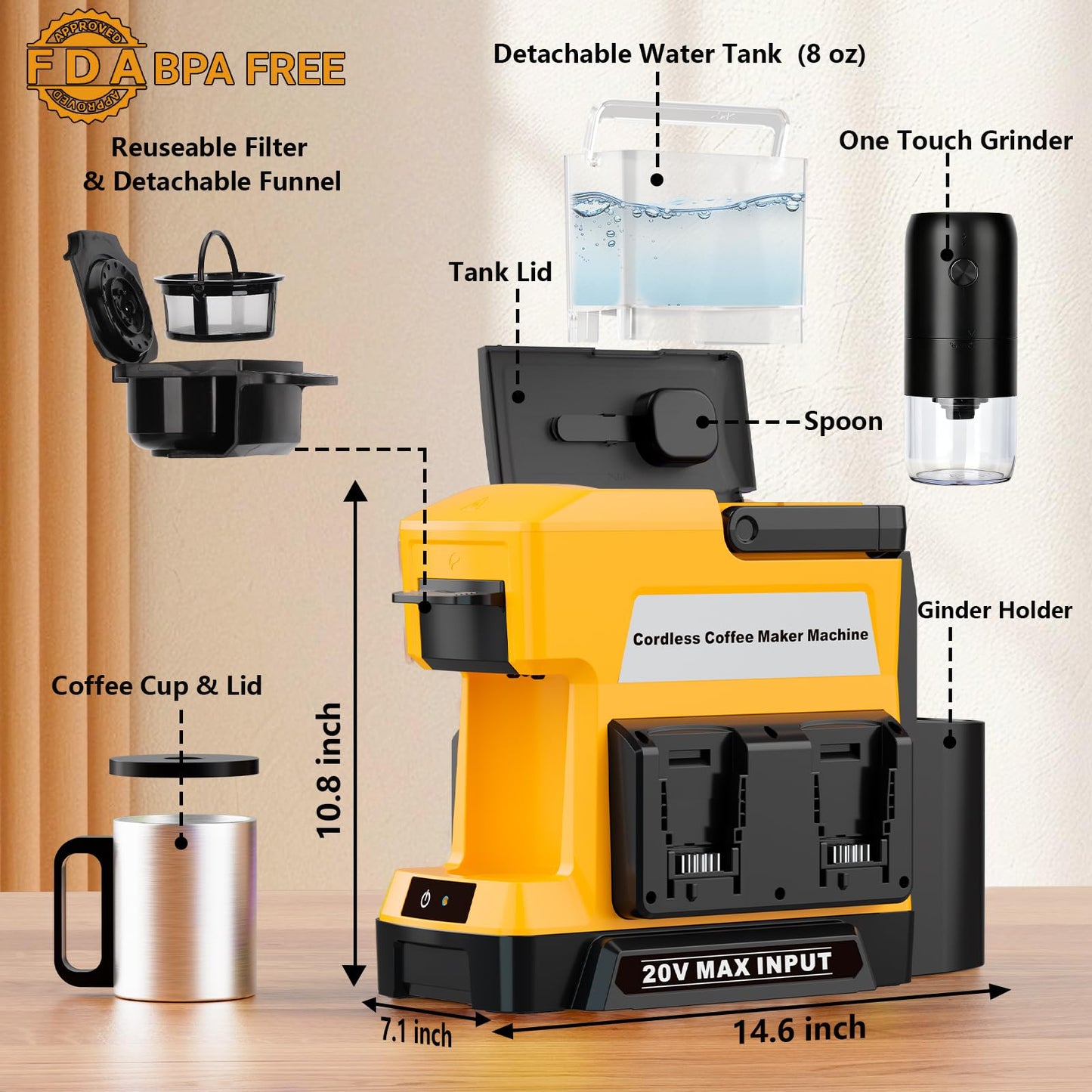 Byutrcfuy Cordless Coffee Maker for Dewalt 20V MAX Battery, 3 Brewing Options Drip Coffee Maker with Coffee Grinder, Portable Single Serve Coffee Makers for Camping, Travel, and Jobsite. (Tool Only)