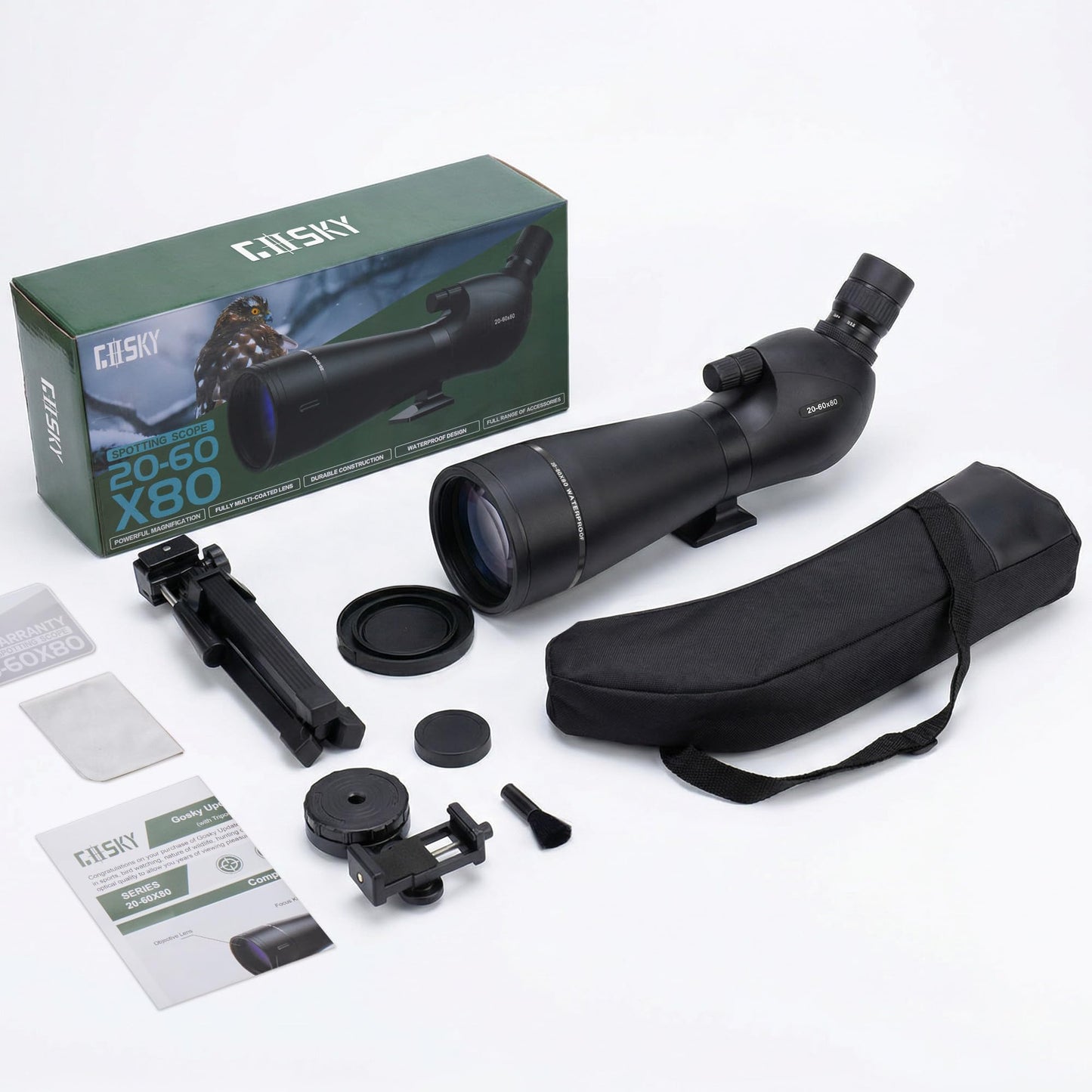 Gosky 20-60x80mm Spotting Scope with Phone Adapter & Tripod - BAK4 Prism Spotter Scope for Bird Watching Wildlife Observing Hiking, Portable with Carrying Bag and Cleaning Kits