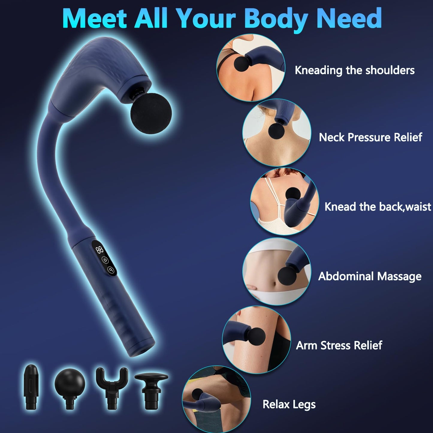 Massage Gun with Upgraded Extension Handle, Back Massager for Pain Relief Deep Tissue, Muscles/Neck/Shoulders/Waist/Legs Massager with 4 Massage Heads & 6 Speed Levels & 3 Massage Modes