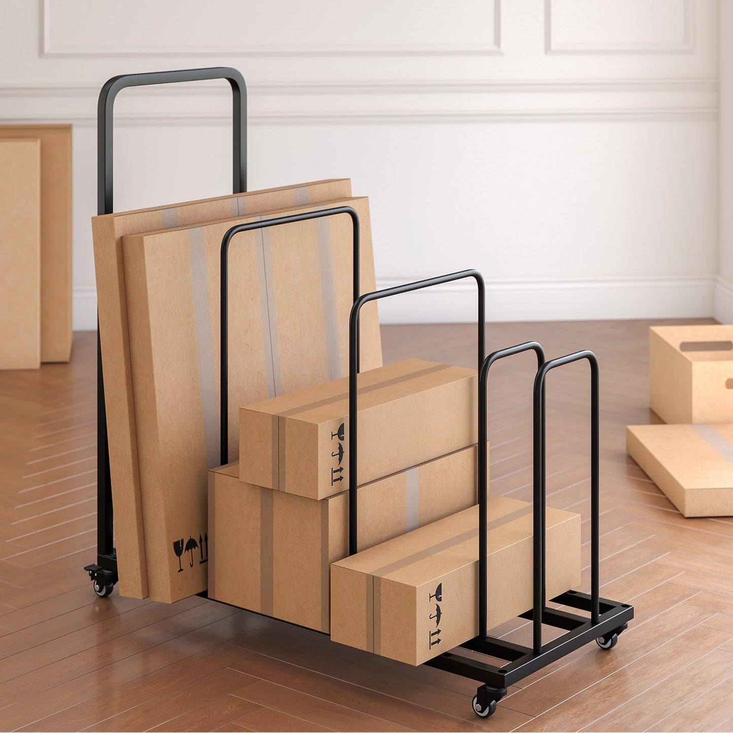 WYJREES Cardboard Box Organizer, Metal Carton Cart Stand, Ajustable Carton Storage Rack with Wheels and Handle, Carton Box Organizer for Home Warehouse