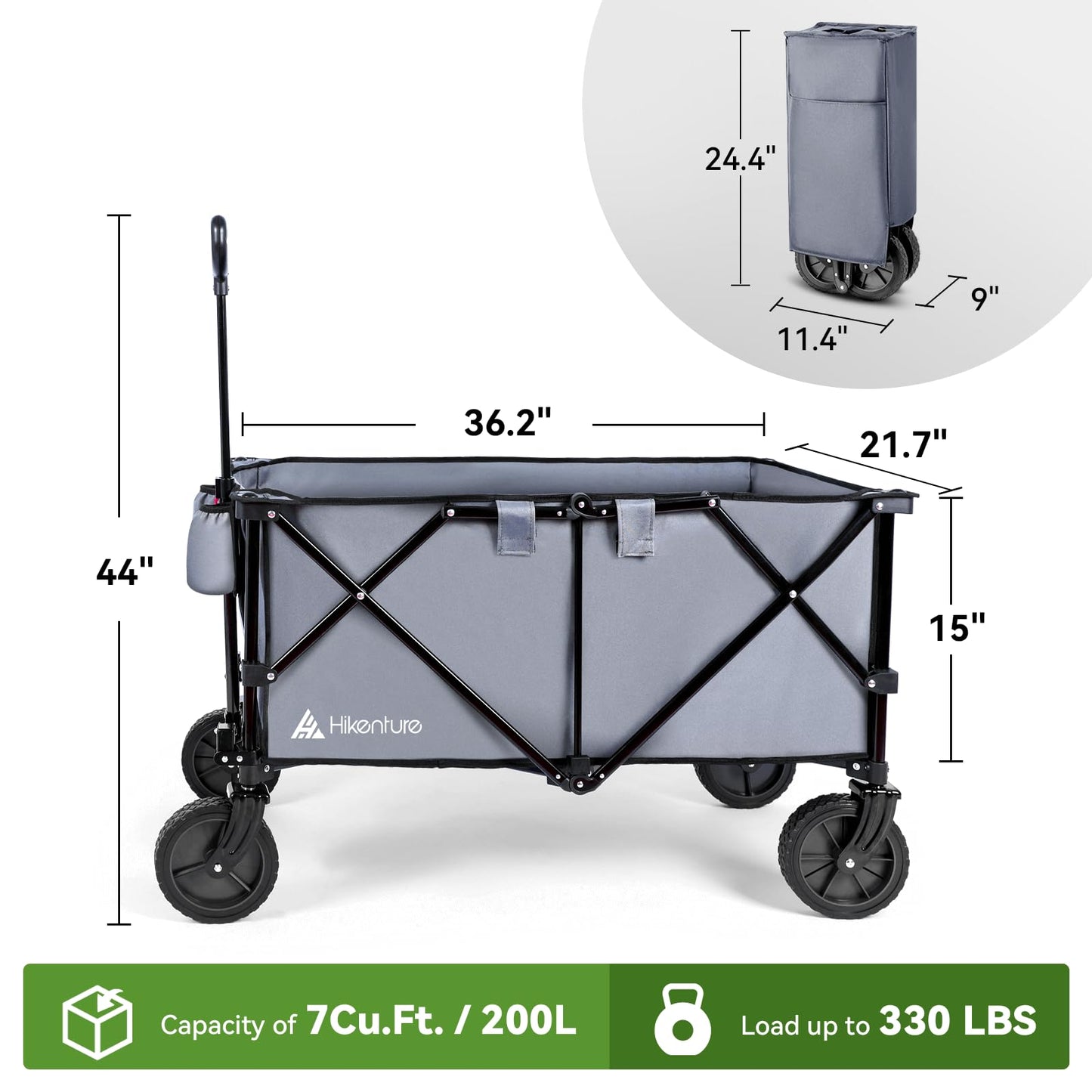 Hikenture Collapsible Wagon and Cargo Net, 330LBS Large Capacity Wagons Carts Foldable, Heavy Duty Folding Wagon with All-Terrain Wheels