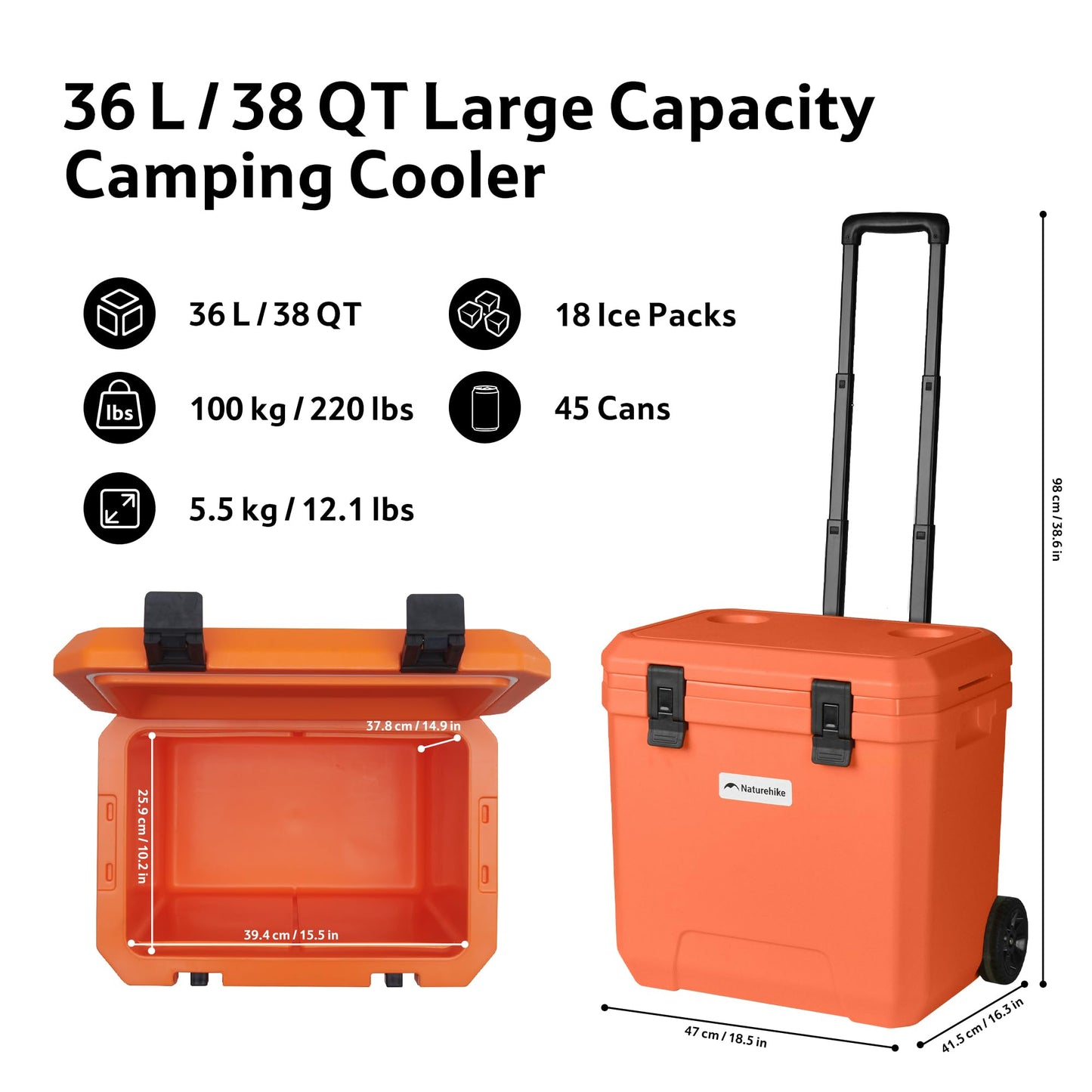 Naturehike 38 QT Wheeled Cooler, 6-Side PU Insulation Ice Chest 153-Hour Ice Retention, Rolling Hard Cooler Holds 45 Cans, 220 lb Seat, All-Terrain Wheels for Camping & Beach