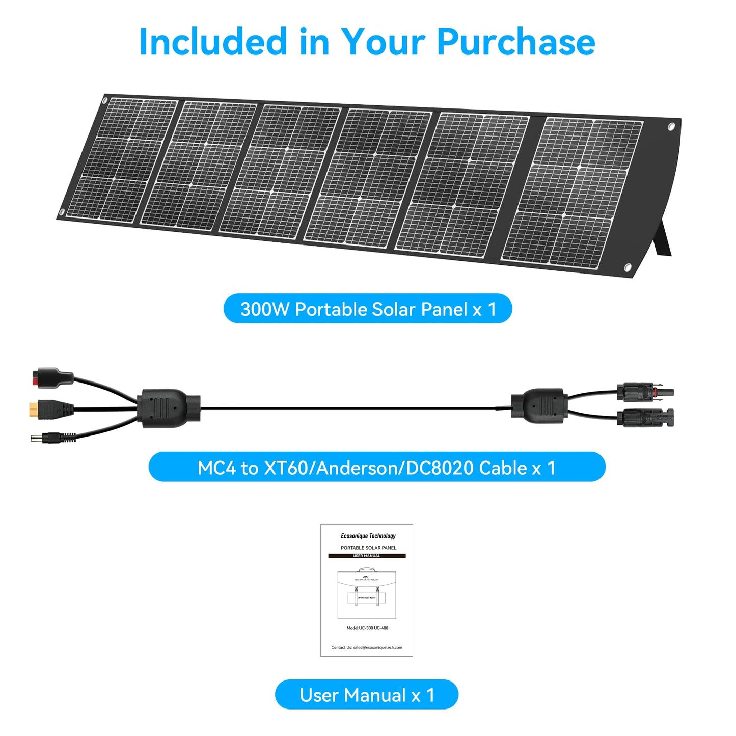 Ecosonique 300W Portable Solar Panel for Most Power Stations, Foldable & Lightweight Solar Suitcase with Kickstands, 40V MC4 & Multi-Output for Solar Generators, RVs, Camping, and Outdoor Use
