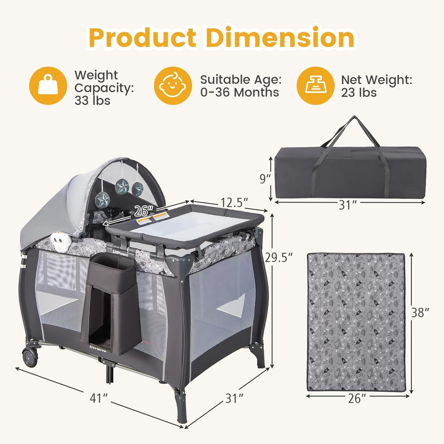 INFANS 4 in 1 Pack and Play, Portable Travel Baby Playard with Bassinet, Changing Table, Canopy, Mosquito Net, Hanging Toys, Music Box, Storage Bag, Large Playpen from Newborn to Toddlers (Grey)