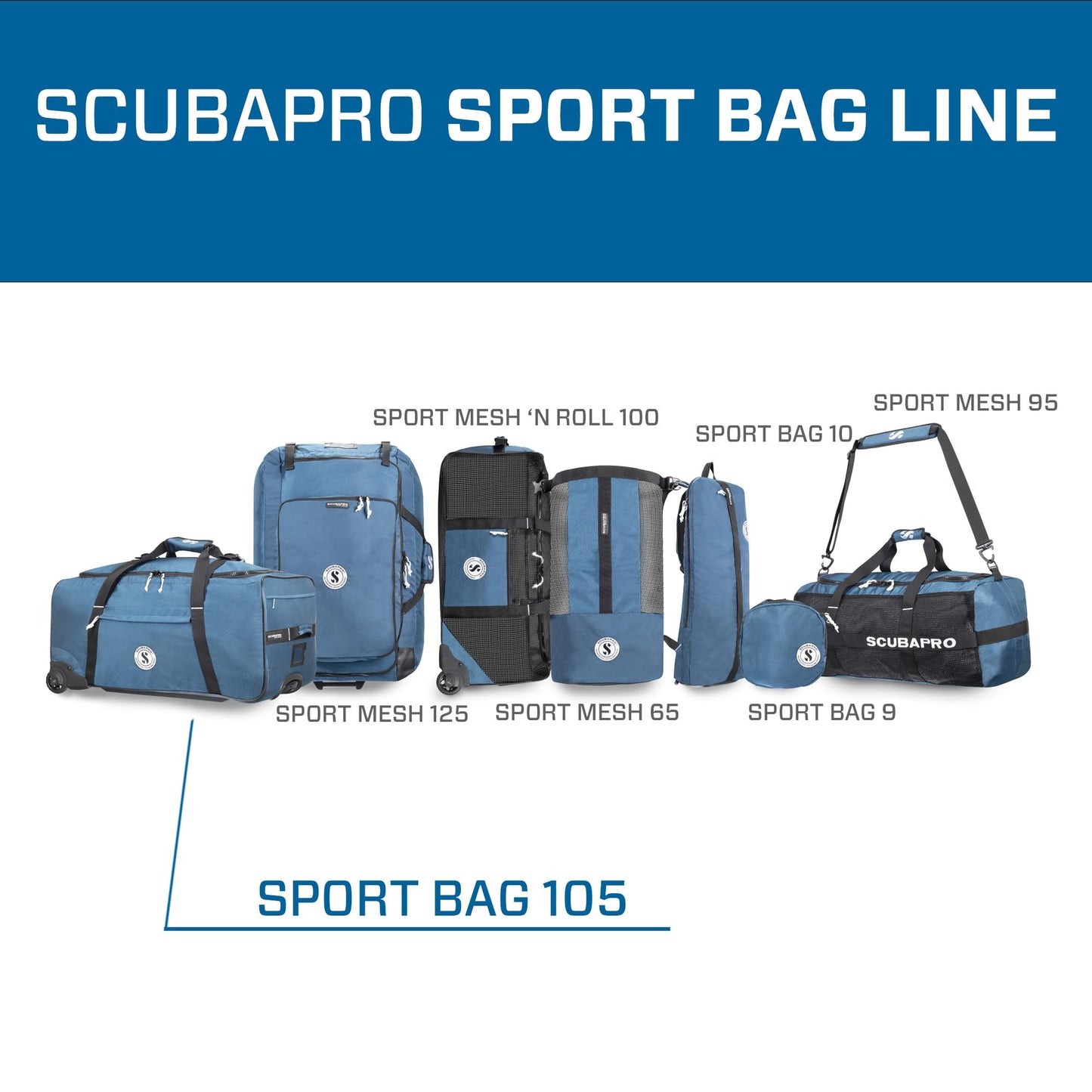 SCUBAPRO Sport 105 Wheeled Dive Bag with Telescopic Double-Bar Tow Handle, Carry Handles and Double Duffel Straps for Scuba Diving Gear, Denim Blue Color Fabric