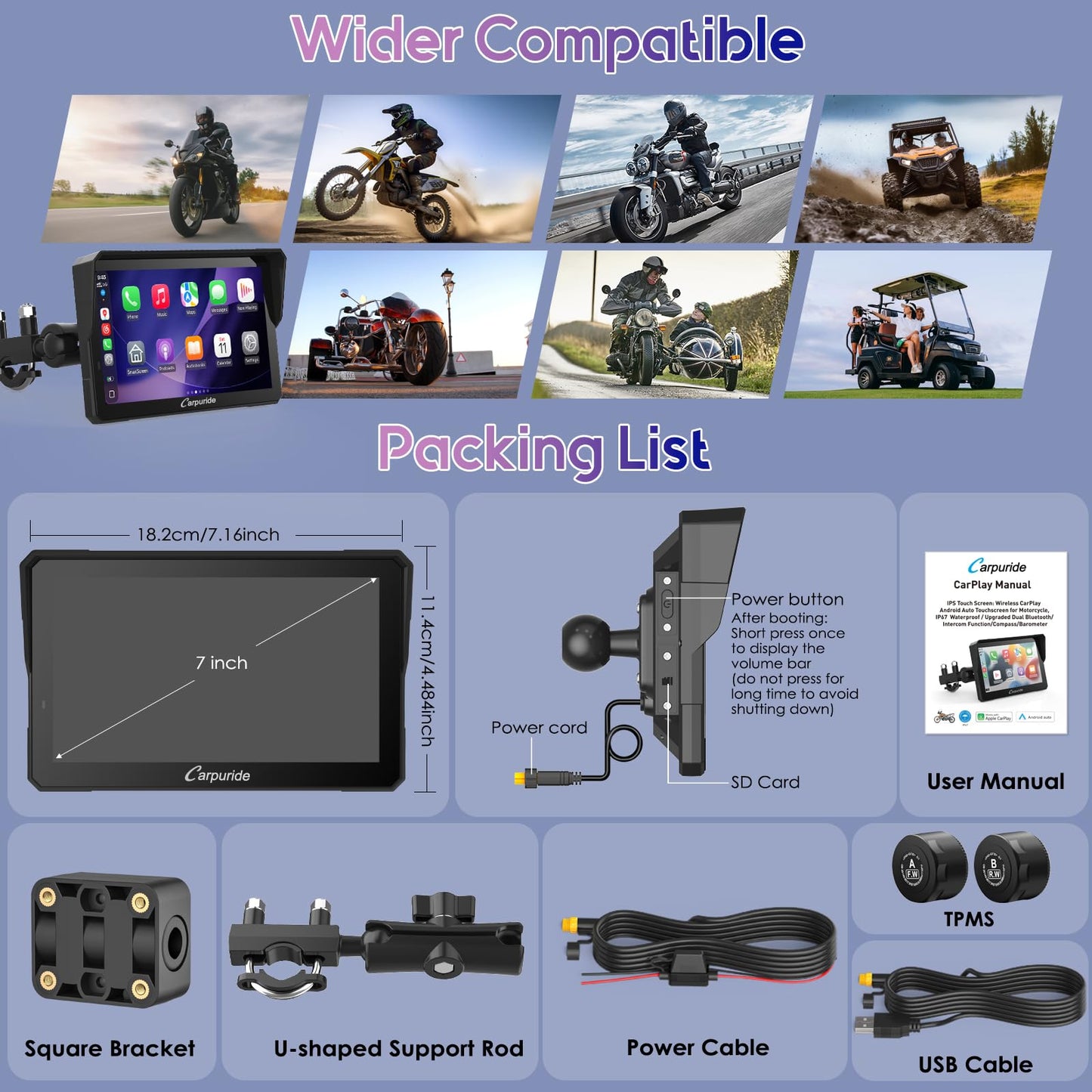 Carpuride W702T PRO 7" Waterproof GPS Navigation Screen for Motorcycle with CarPlay & Android Auto & TPMS & Dual Bluetooth, Music Sharing, Intercom, EQ, Light Sensor, Compass, Barometer