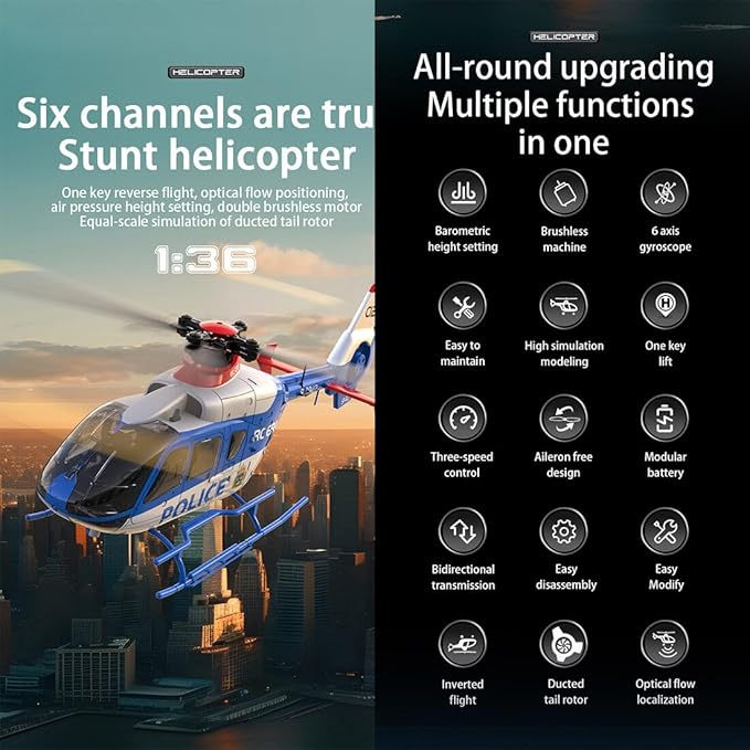 RC ERA C123 EC135 6CH RC Helicopter 1/36 Scale Military Aircraft Single-Rotor Gyroscopic Stabilization with Altitude Hold/One-Key Take Off for Beginners & Adults -RTF/2 Battery